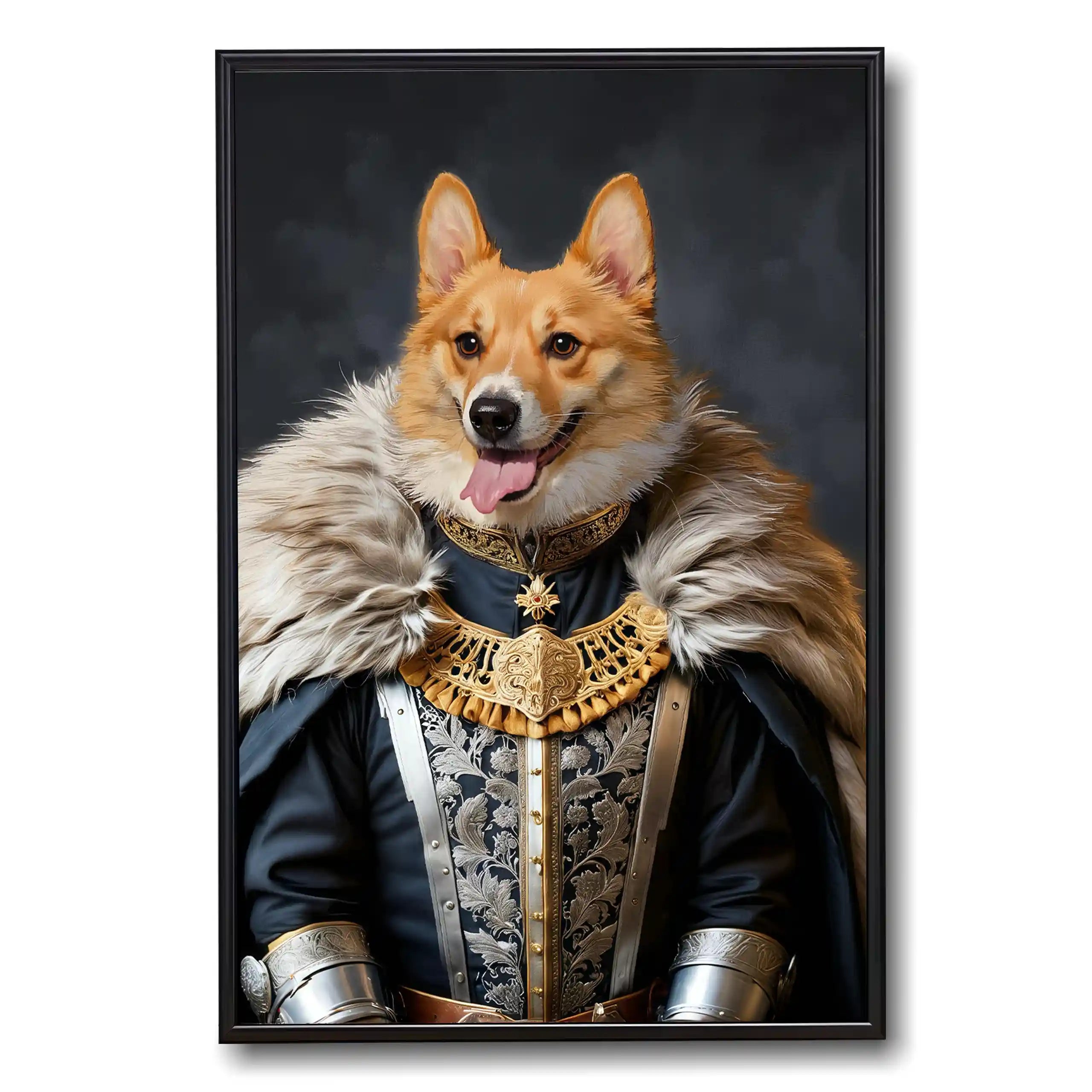 Framed royal Corgi dog portrait depicting a king in a historical noble costume, complete with fur cape, gold medallion, and intricate embroidery.