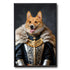 Framed royal Corgi dog portrait depicting a king in a historical noble costume, complete with fur cape, gold medallion, and intricate embroidery.