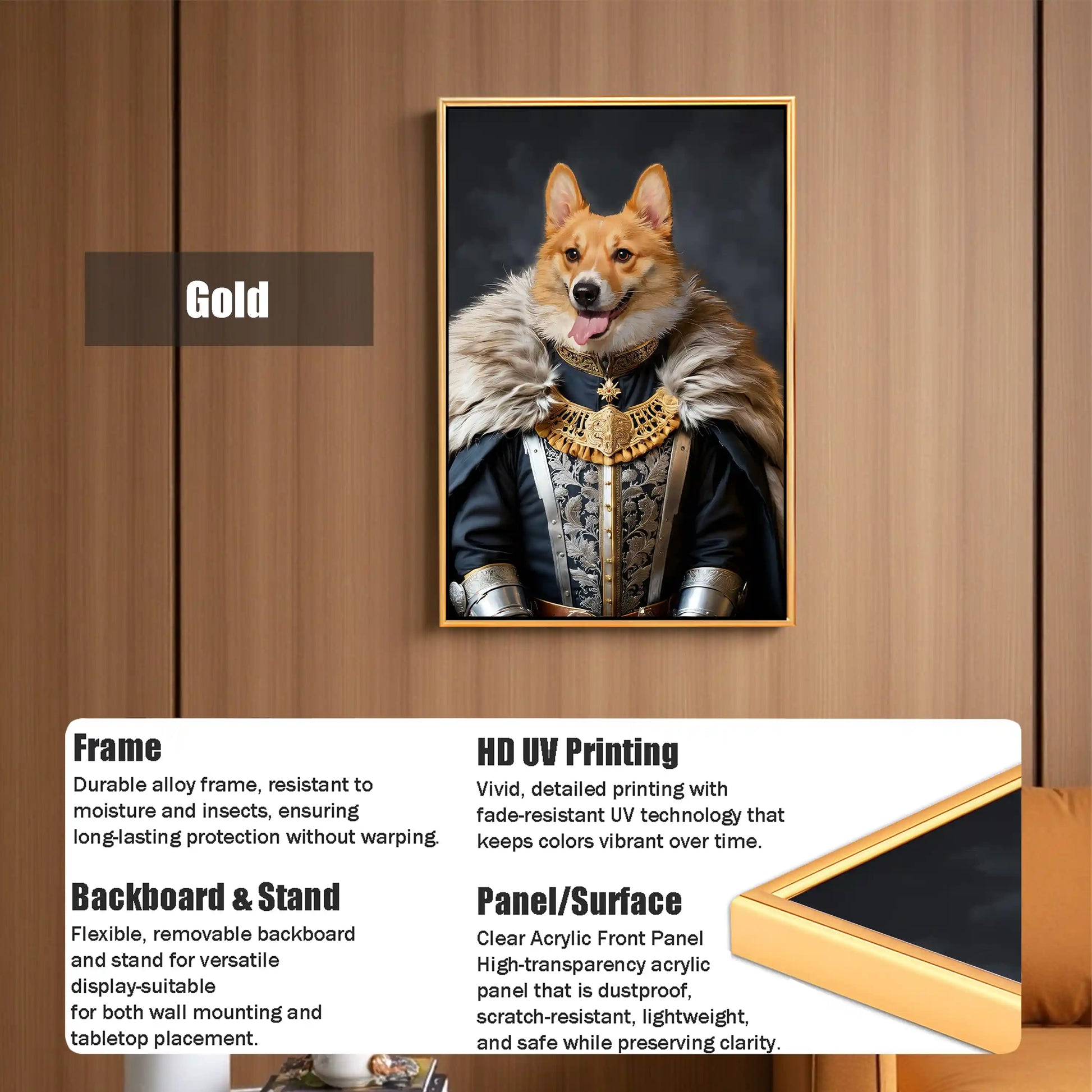 Gold framed royal Corgi pet portrait, featuring HD UV printing and durable alloy frame.