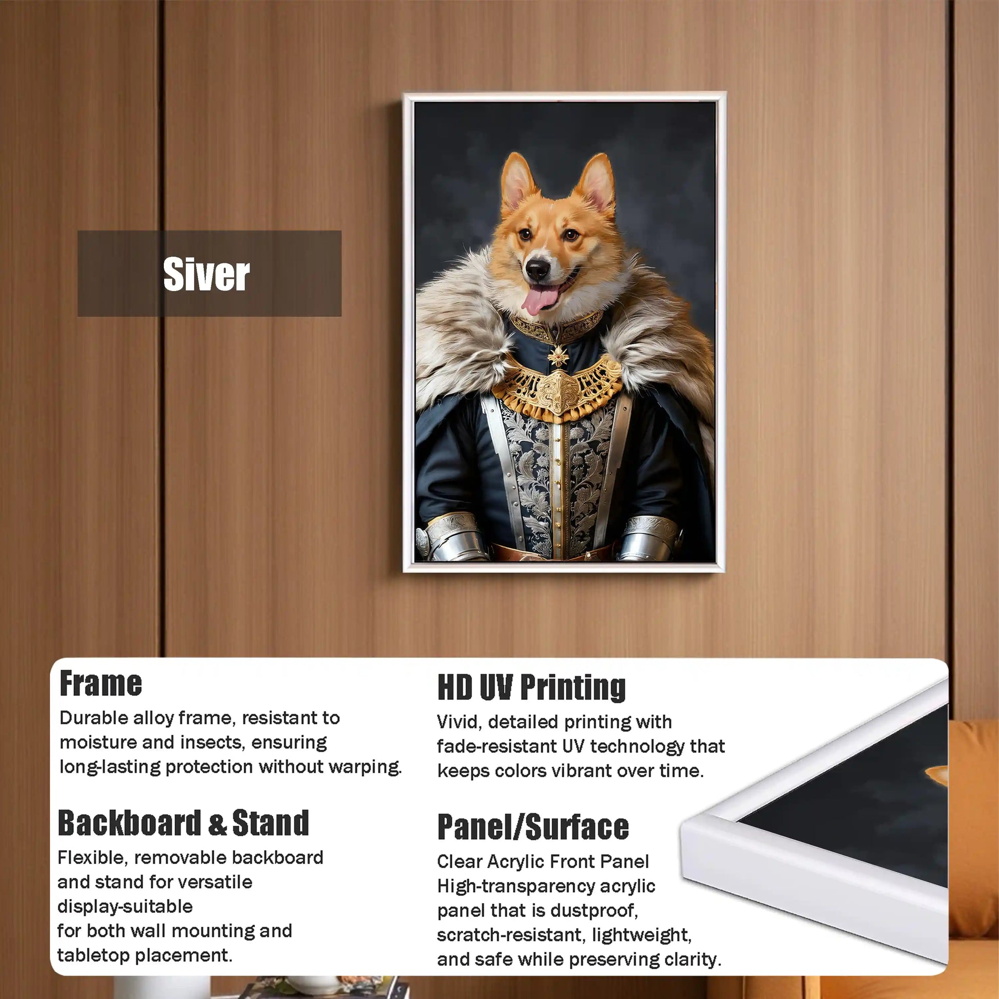 Framed portrait of a Corgi dog in royal attire, with white frame, HD UV printing, and clear acrylic panel.