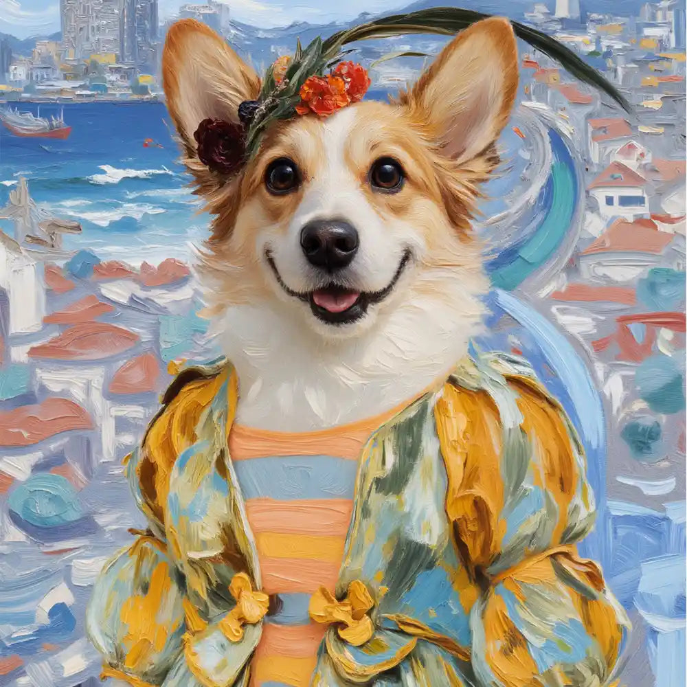 Happy Corgi dog painting wearing a colorful resort outfit and floral crown against an impressionistic coastal town background.