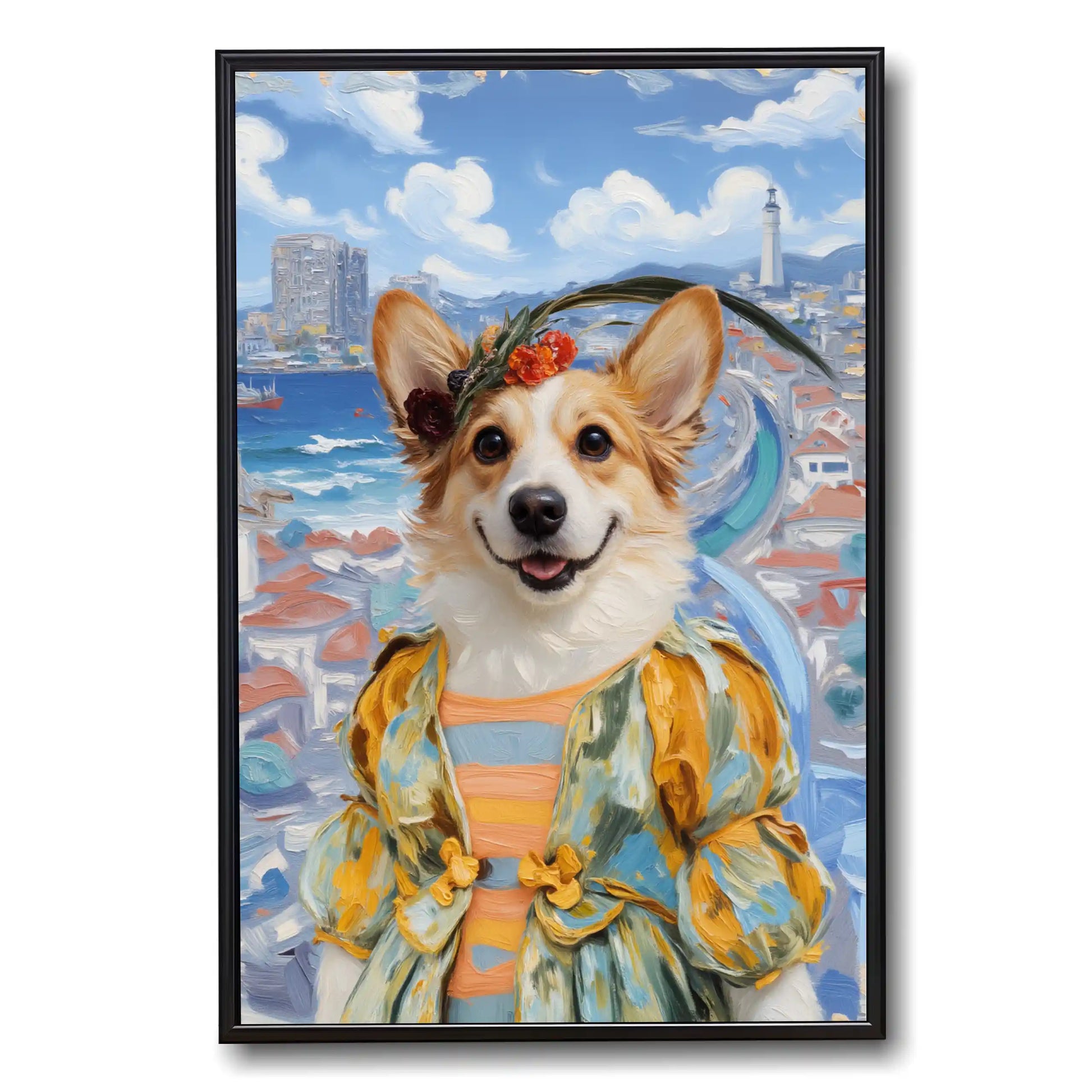 Impressionist oil painting pet portrait of a smiling Corgi dog wearing a floral crown and a yellow-blue dress, set against a vibrant coastal city with a lighthouse and ocean, framed canvas art.