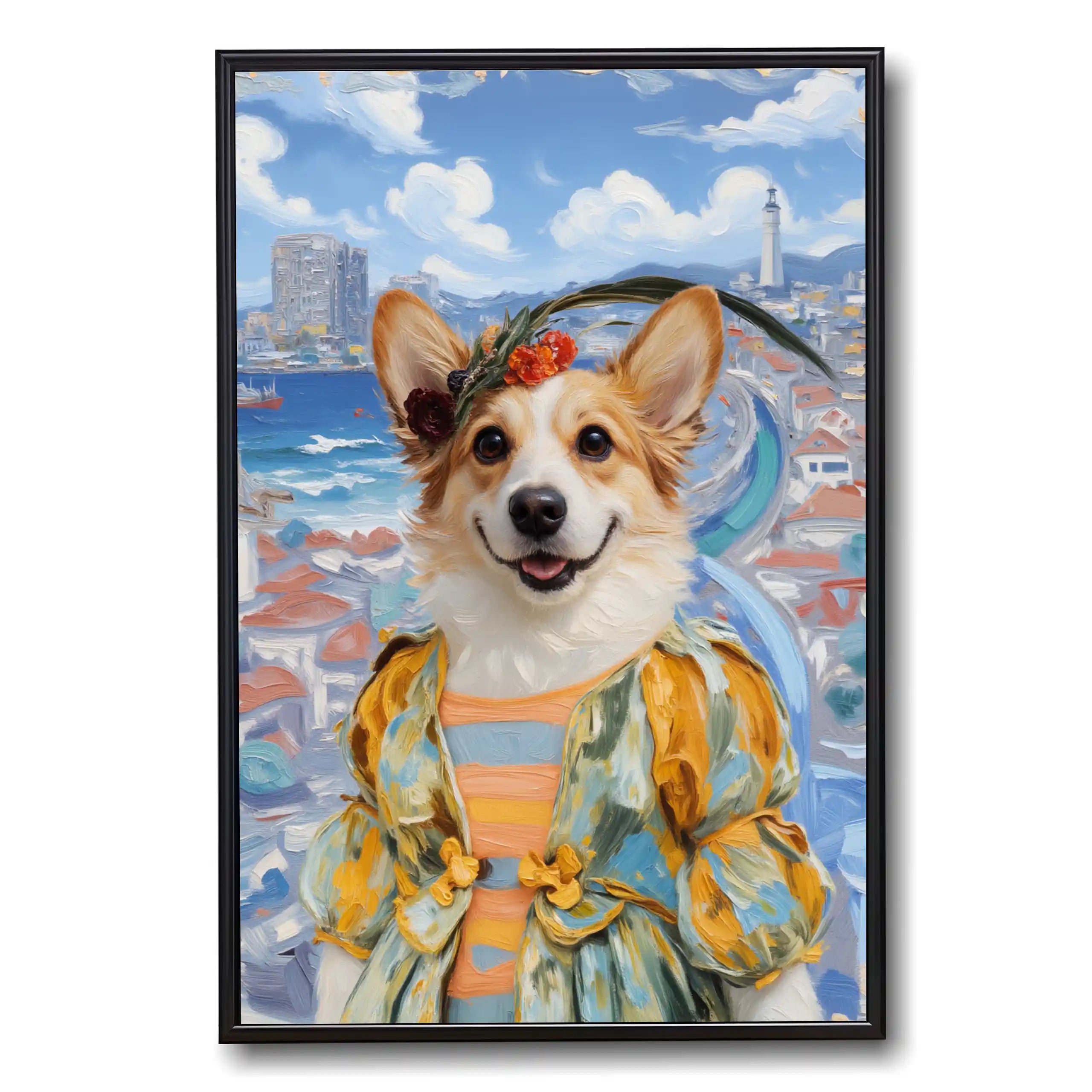 Impressionist oil painting pet portrait of a smiling Corgi dog wearing a floral crown and a yellow-blue dress, set against a vibrant coastal city with a lighthouse and ocean, framed canvas art.