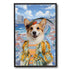 Impressionist oil painting pet portrait of a smiling Corgi dog wearing a floral crown and a yellow-blue dress, set against a vibrant coastal city with a lighthouse and ocean, framed canvas art.