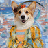 Happy Corgi dog painting wearing a colorful resort outfit and floral crown against an impressionistic coastal town background.