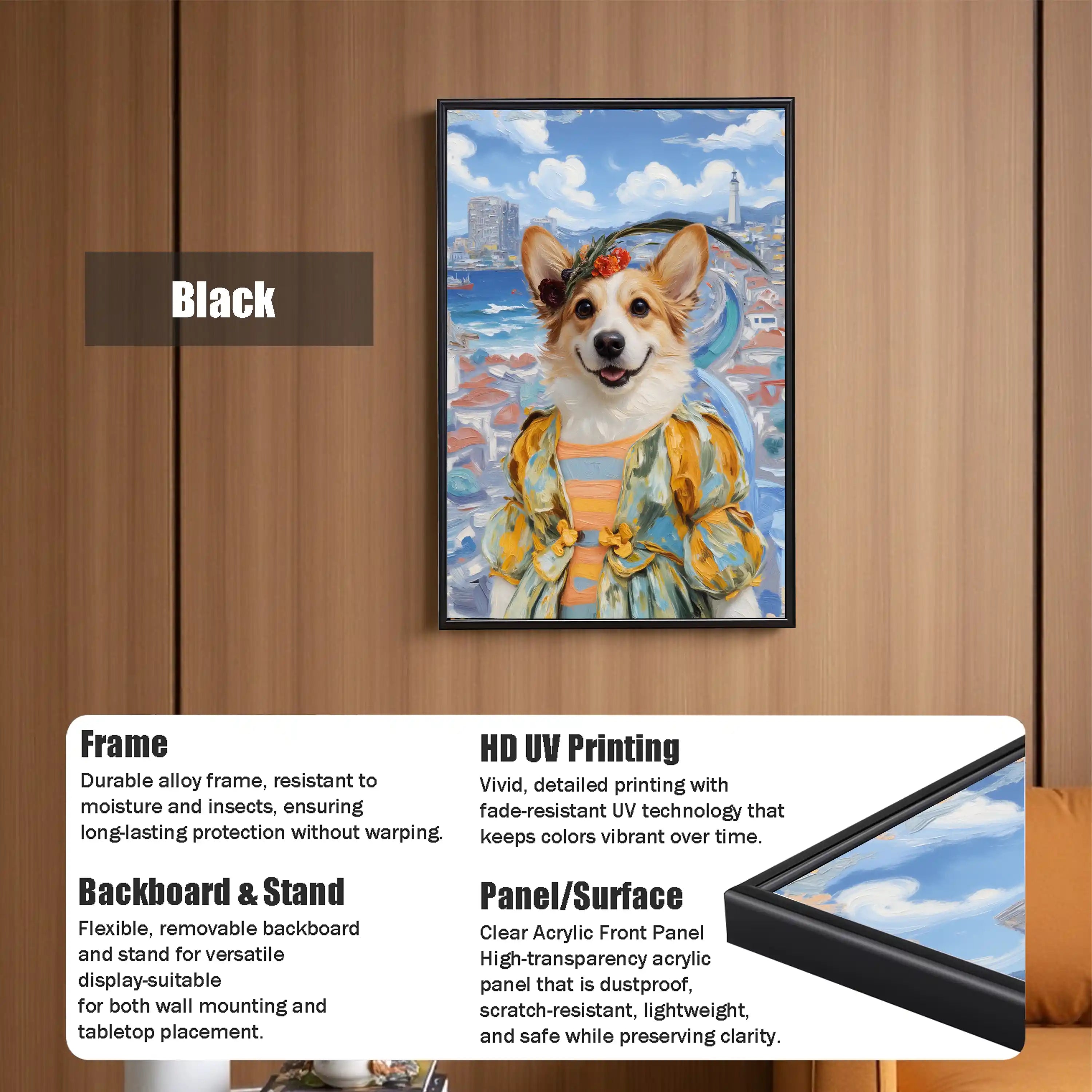 Corgi Dog In Suit Painting on Canvas in a black frame, depicting a happy Corgi in a colorful outfit against a vibrant seaside town landscape.