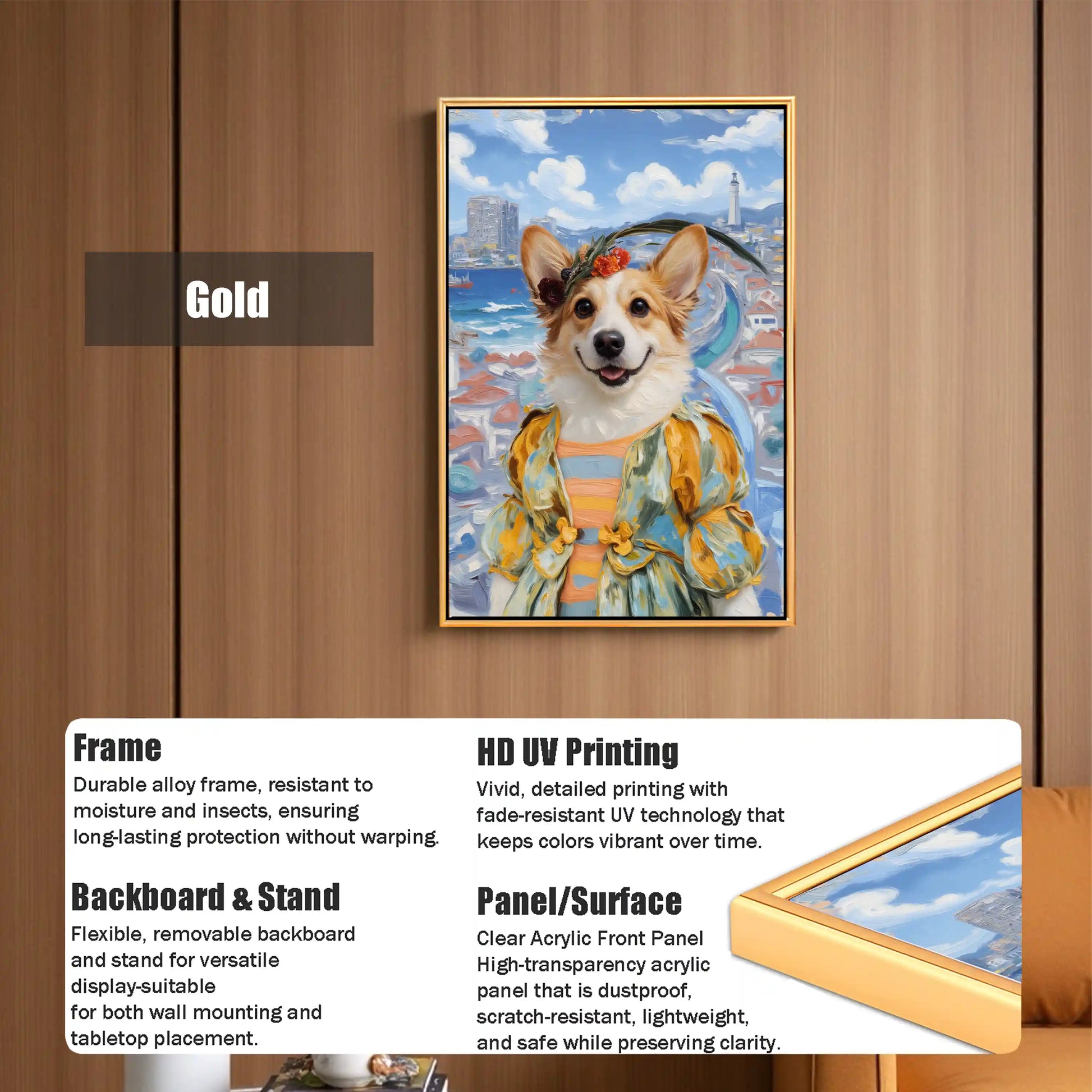 Gold framed Corgi dog wall art with happy Corgi, flower crown, colorful jacket, beach city background, HD UV printing, and clear acrylic panel for wall or tabletop display.