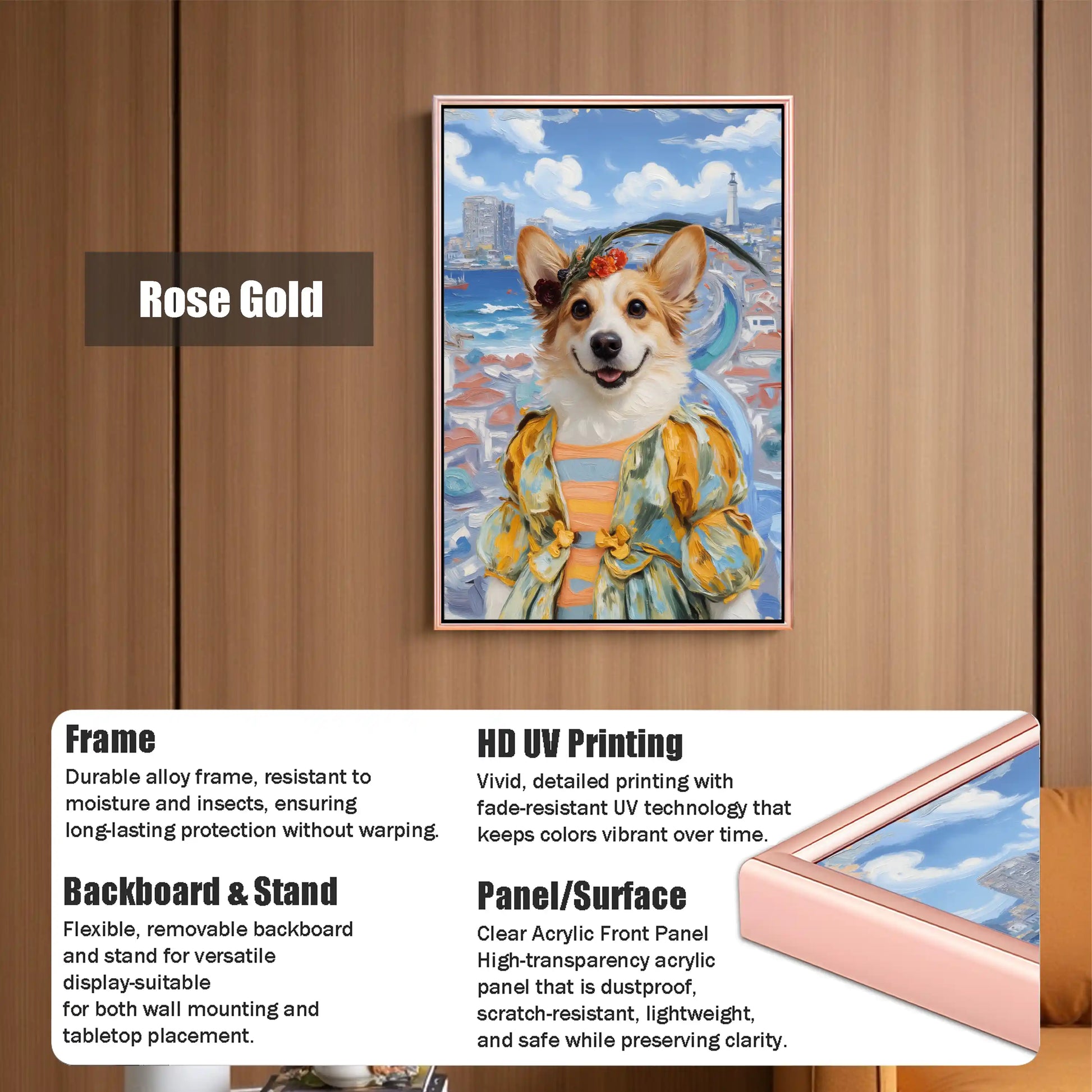 Rose gold framed Corgi dog painting on acrylic panel, featuring a happy Corgi with a floral crown at a vibrant coastal beach, suitable for wall or tabletop decor.