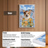 Siver white framed wall art with HD UV printed painting of a happy corgi dog in a colorful dress and floral crown, set against an impressionistic city and ocean landscape, featuring a clear acrylic panel for wall or tabletop display.