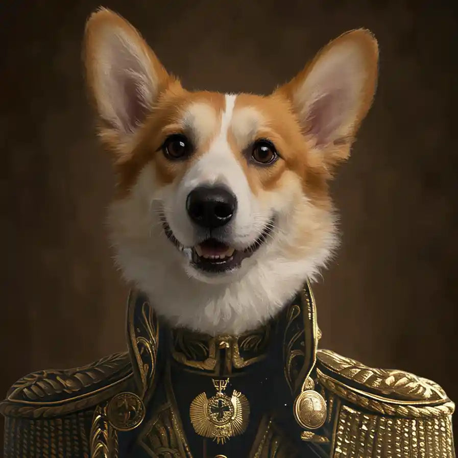 Regal Corgi dog portrait in ornate gold military uniform with medal.