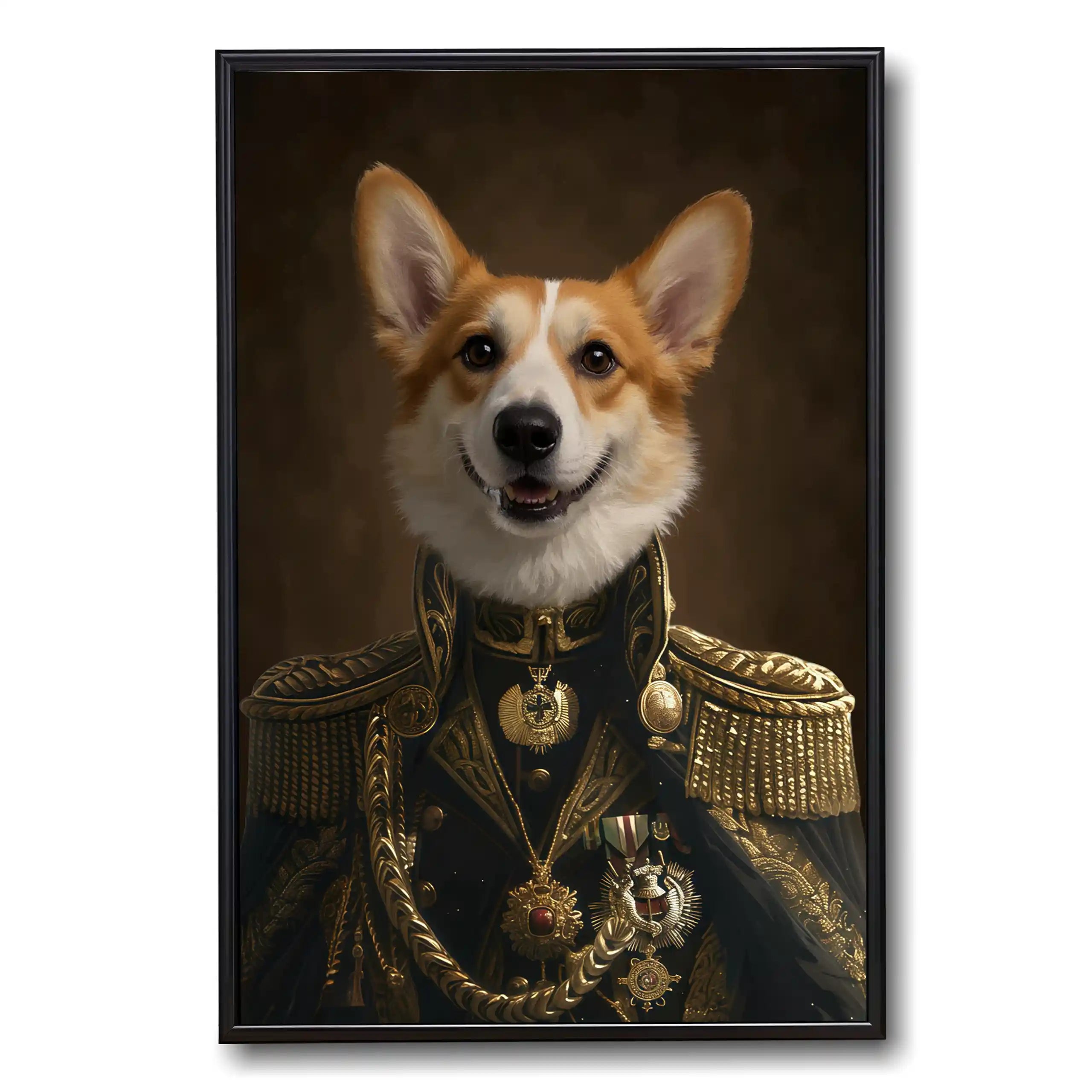 Framed portrait of a smiling Corgi dog in a regal gold and black military uniform with medals.
