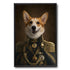 Framed portrait of a smiling Corgi dog in a regal gold and black military uniform with medals.
