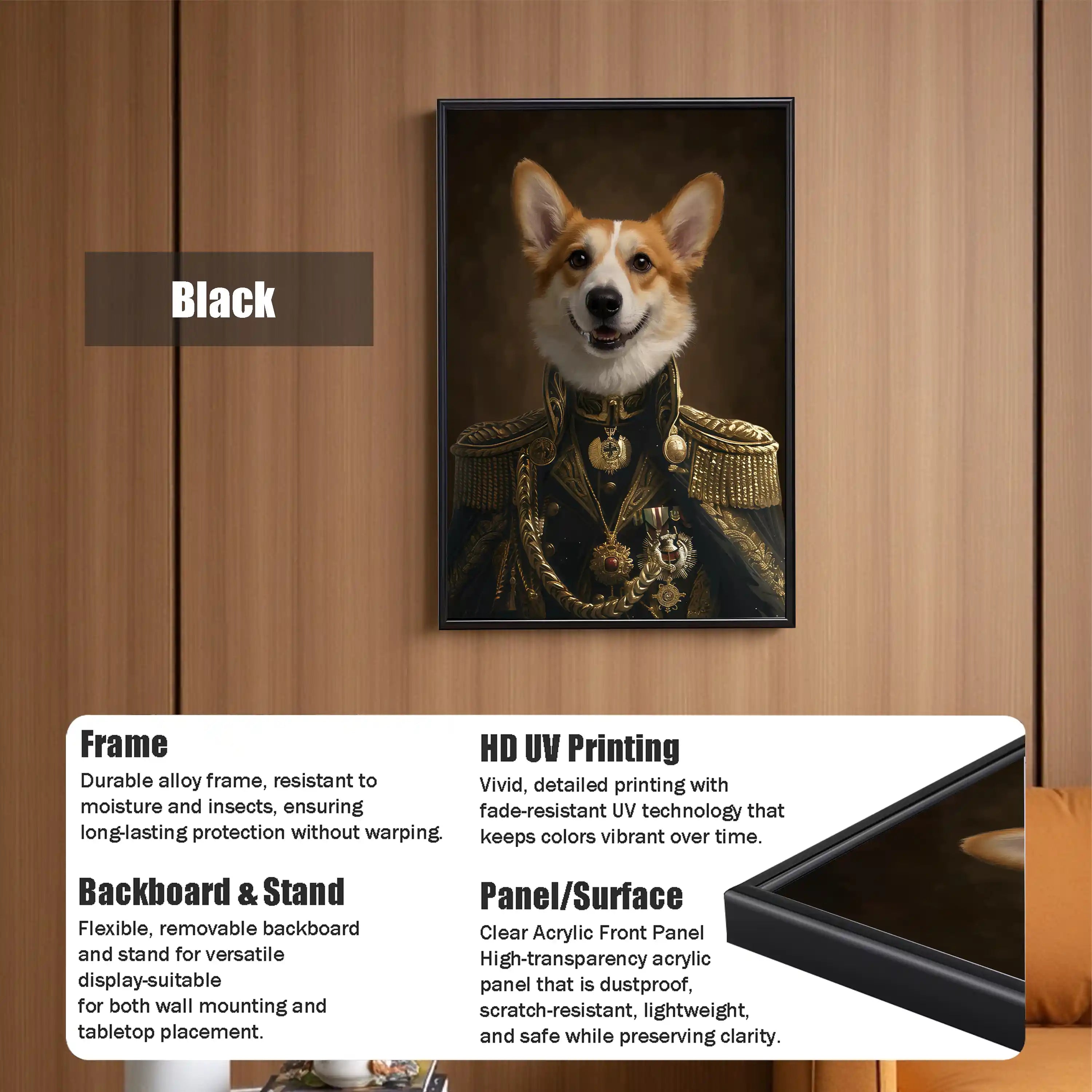 Custom Renaissance Corgi pet portrait in military uniform with medals, featuring a black alloy frame, clear acrylic panel, and HD UV printing for wall or tabletop display.