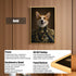 Custom Renaissance Corgi pet portrait canvas in a regal uniform with a gold frame, featuring HD UV printing and an acrylic front panel for wall or tabletop display.