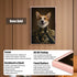 Rose Gold framed custom pet royal Corgi portrait showing a smiling dog in a gold military uniform, with durable alloy frame, HD UV printing, clear acrylic panel, and versatile wall/tabletop stand.