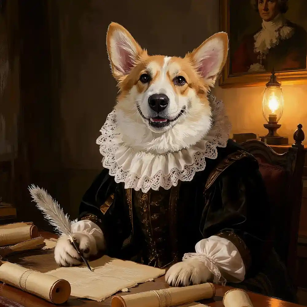 Corgi dog historical portrait, dressed in regal costume, writing with a quill pen at a desk.