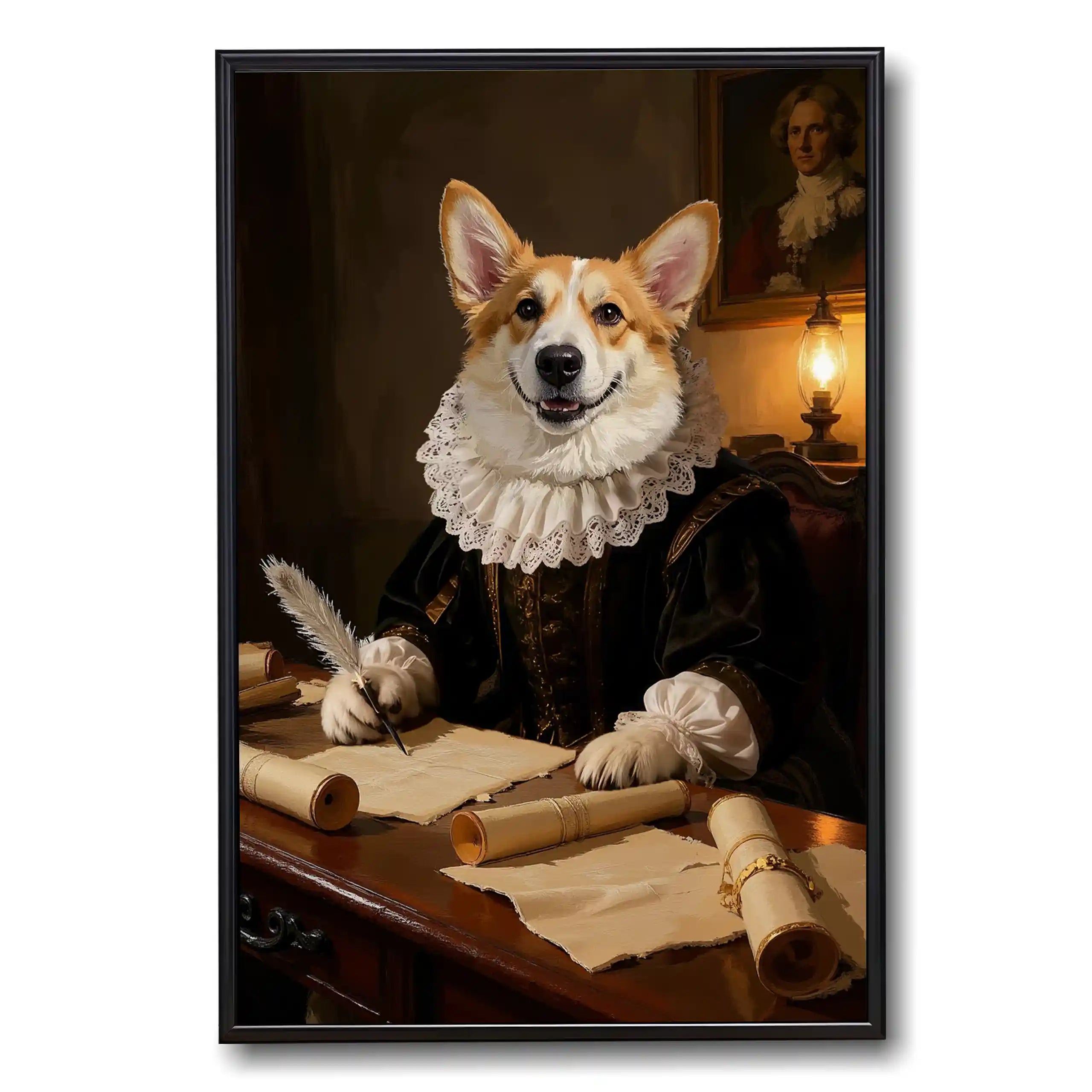 Corgi dog portrait in historical regal attire, sitting at a desk writing with a quill pen on parchment, framed wall art print.