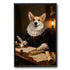 Corgi dog portrait in historical regal attire, sitting at a desk writing with a quill pen on parchment, framed wall art print.