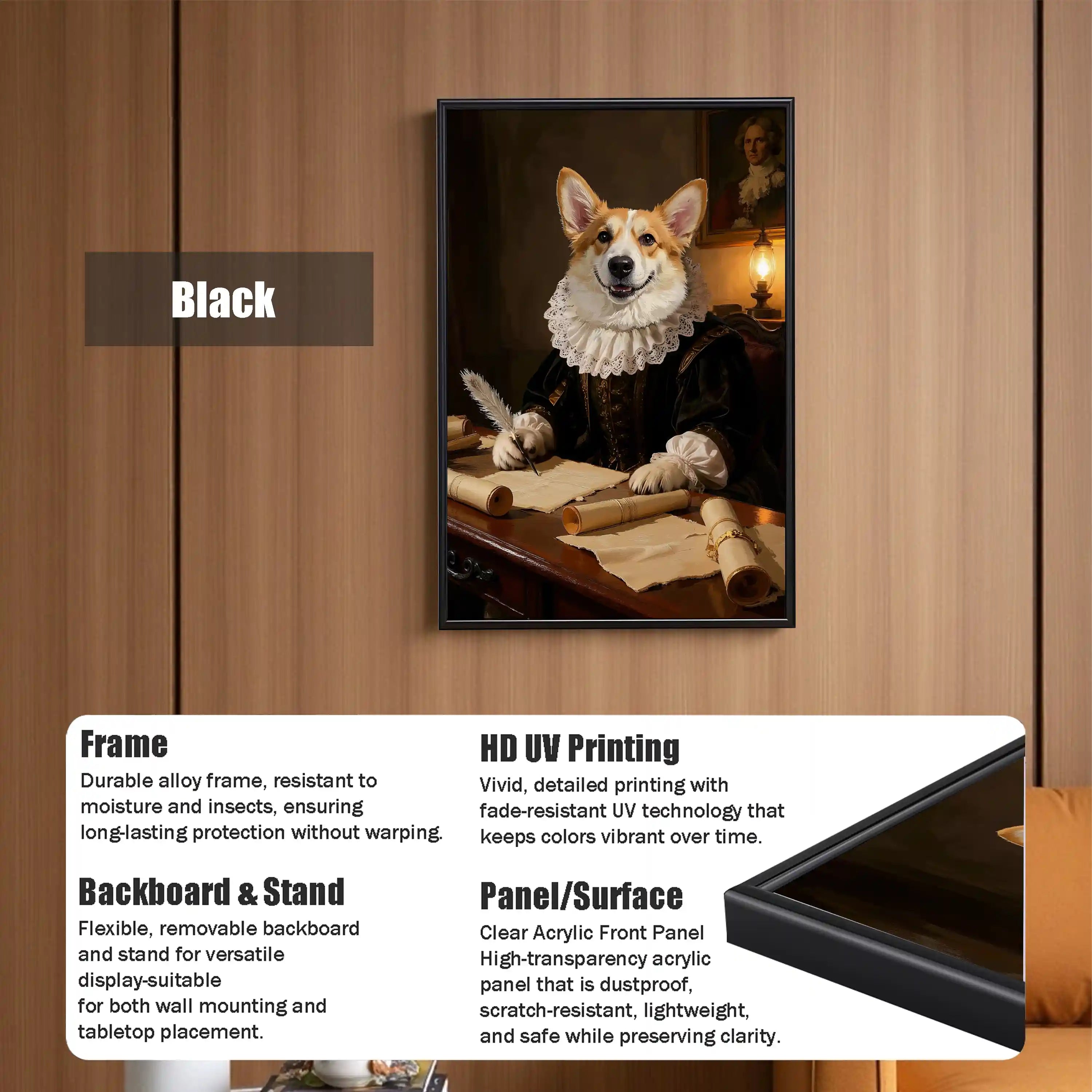 Black framed Corgi dog royal portrait wall art, featuring a Corgi in noble attire writing, with durable alloy frame, HD UV printed on acrylic, suitable for wall mounting or tabletop display.