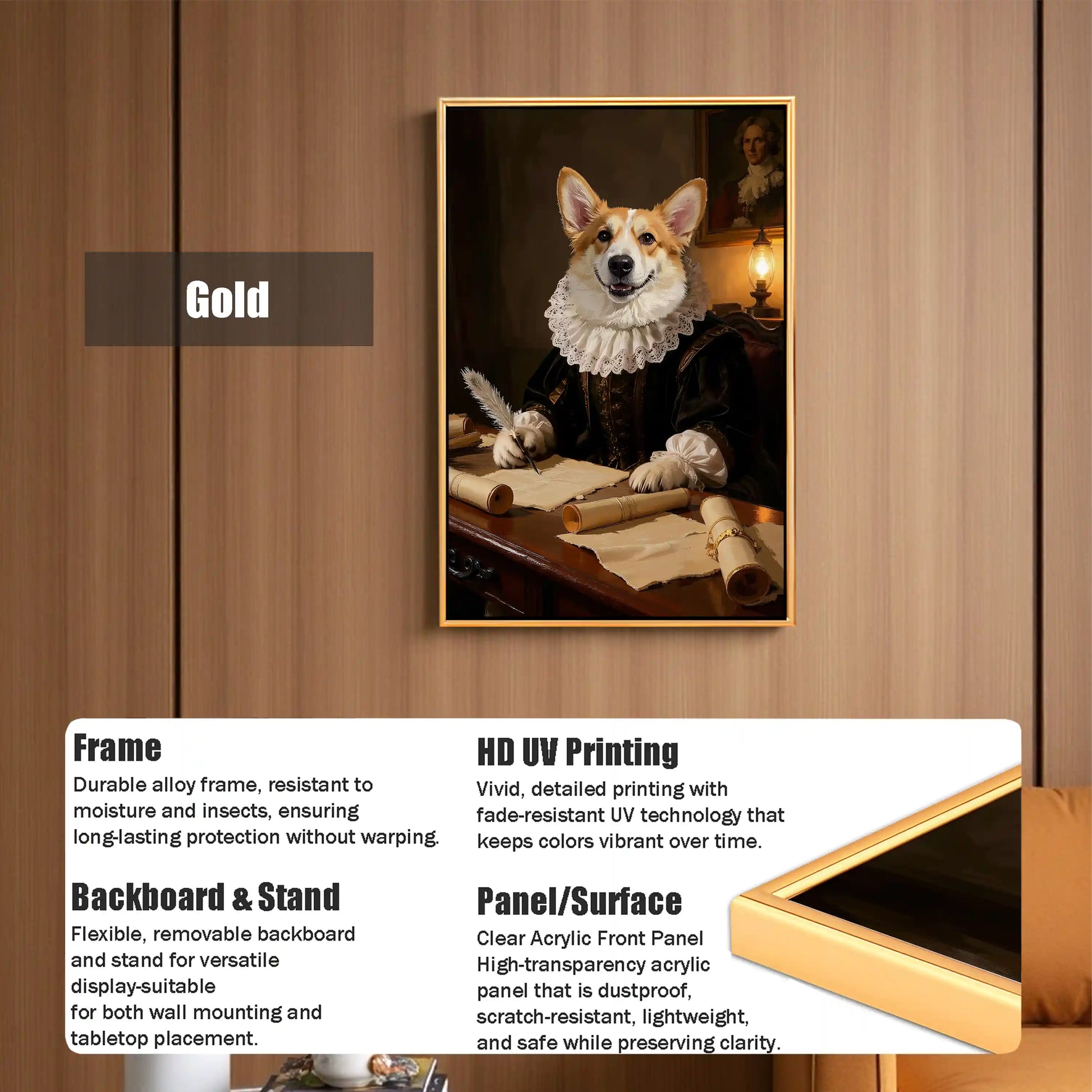 Corgi noble pet portrait in Renaissance style with gold alloy frame, featuring HD UV printing and clear acrylic front panel for wall or tabletop display.