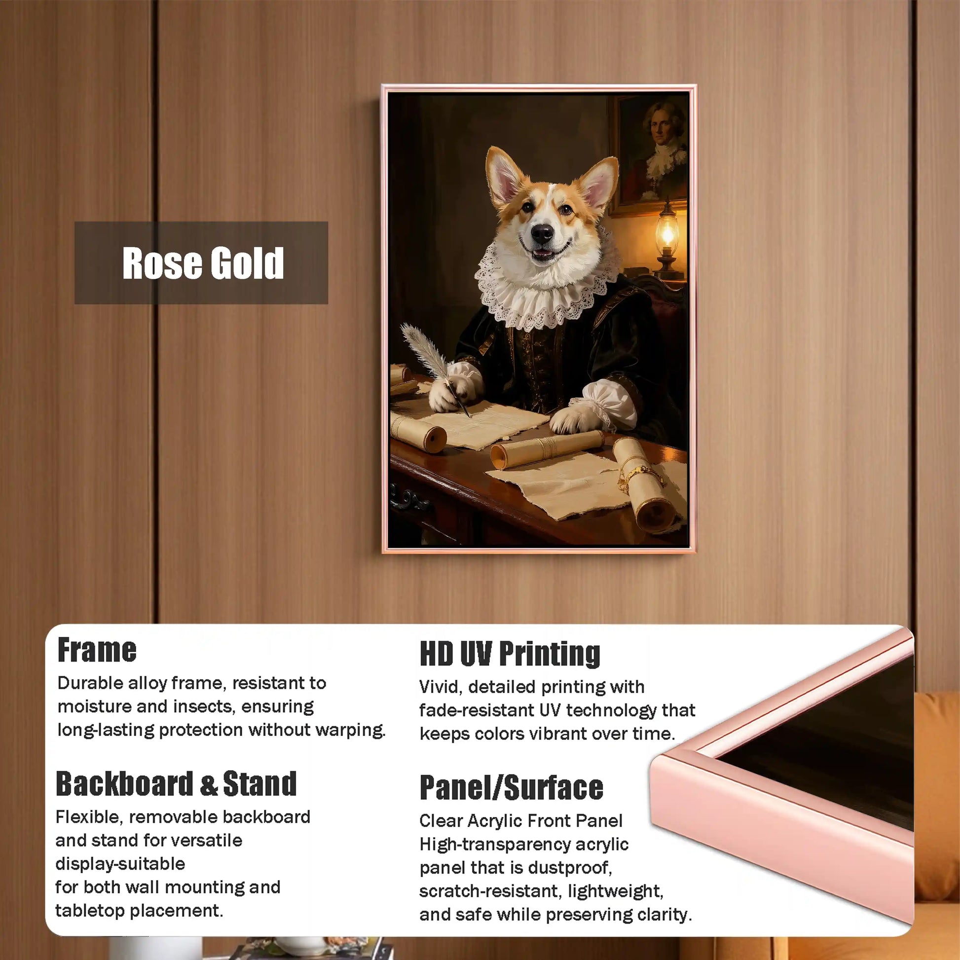 Rose Gold framed Corgi dog historical portrait art print with durable alloy frame and acrylic panel for wall or tabletop display.