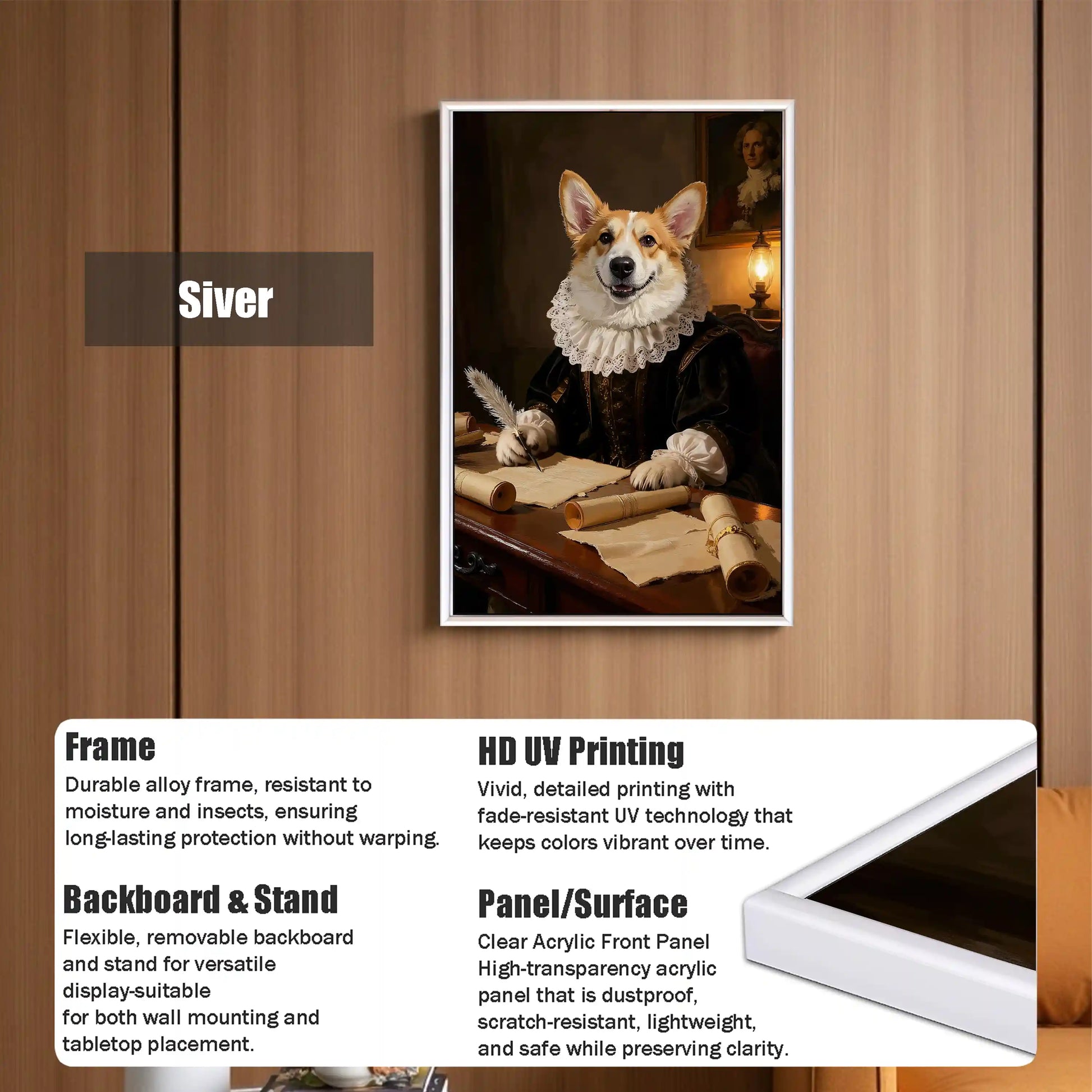 Humorous Corgi dog in historical attire writing with a quill, presented in a durable white framed art print with HD UV printing and clear acrylic panel for versatile wall or tabletop display.