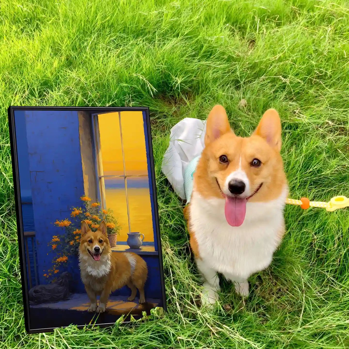 Custom pet portrait painting of a corgi next to the real happy corgi. Personalized dog wall art gift.