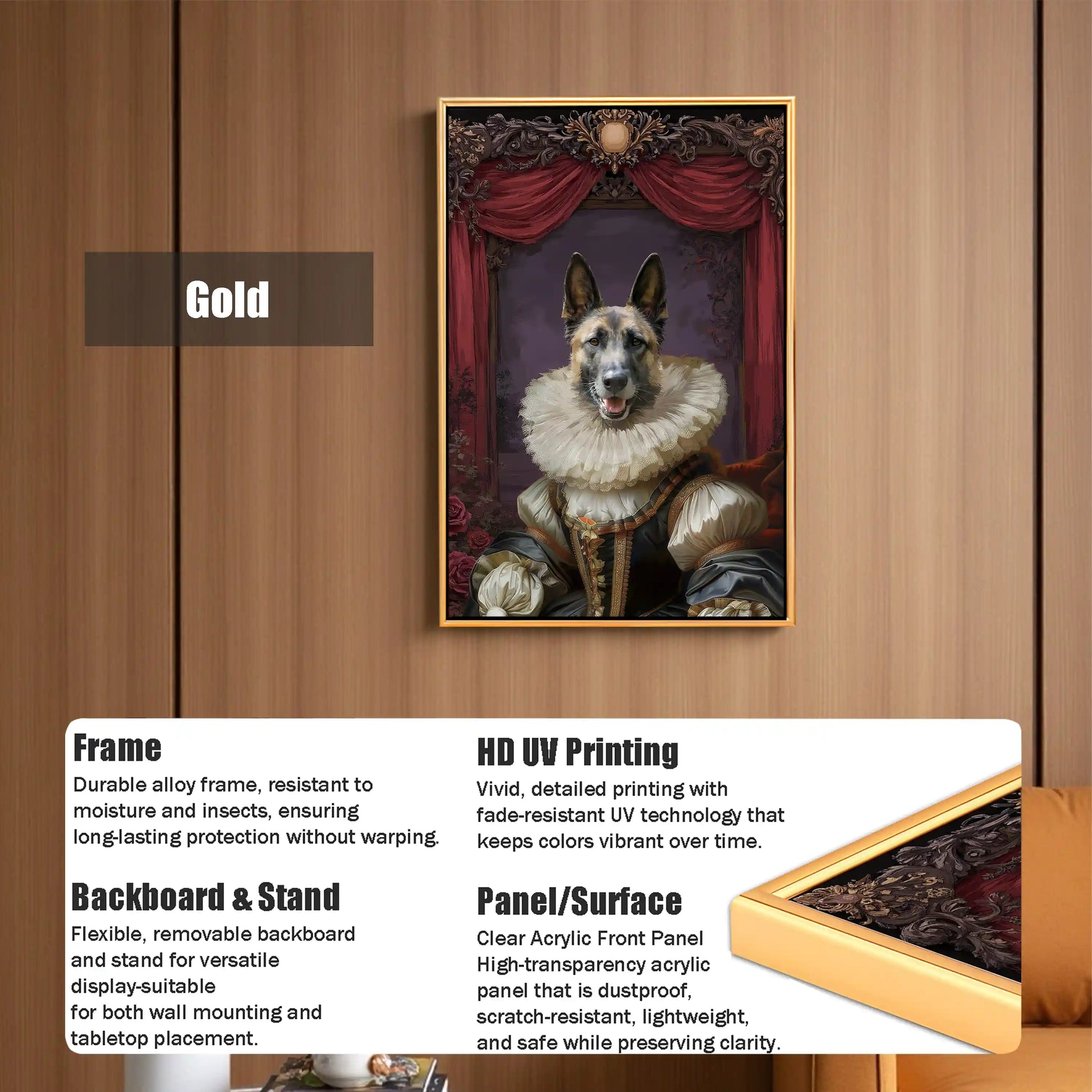 Ornate gold framed portrait of a German Shepherd dog in historical noble attire, showcasing HD UV printing and a clear acrylic panel for versatile wall or tabletop display.
