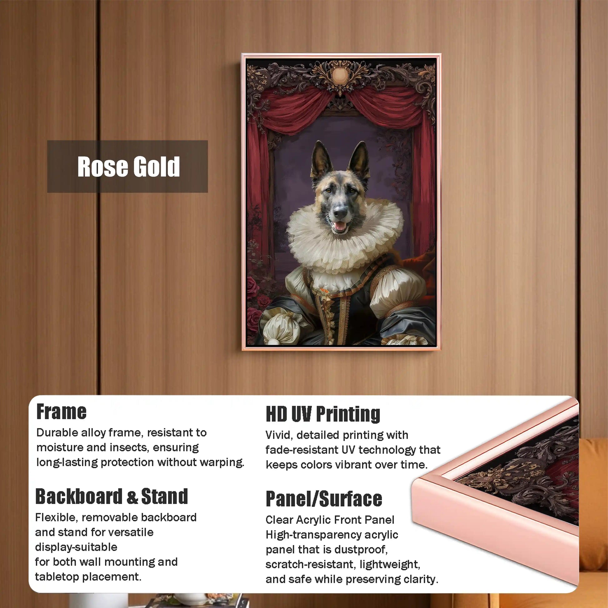 Rose gold framed German Shepherd dog royal pet portrait wall art, featuring historical costume, durable alloy frame, HD UV printing, and clear acrylic panel.