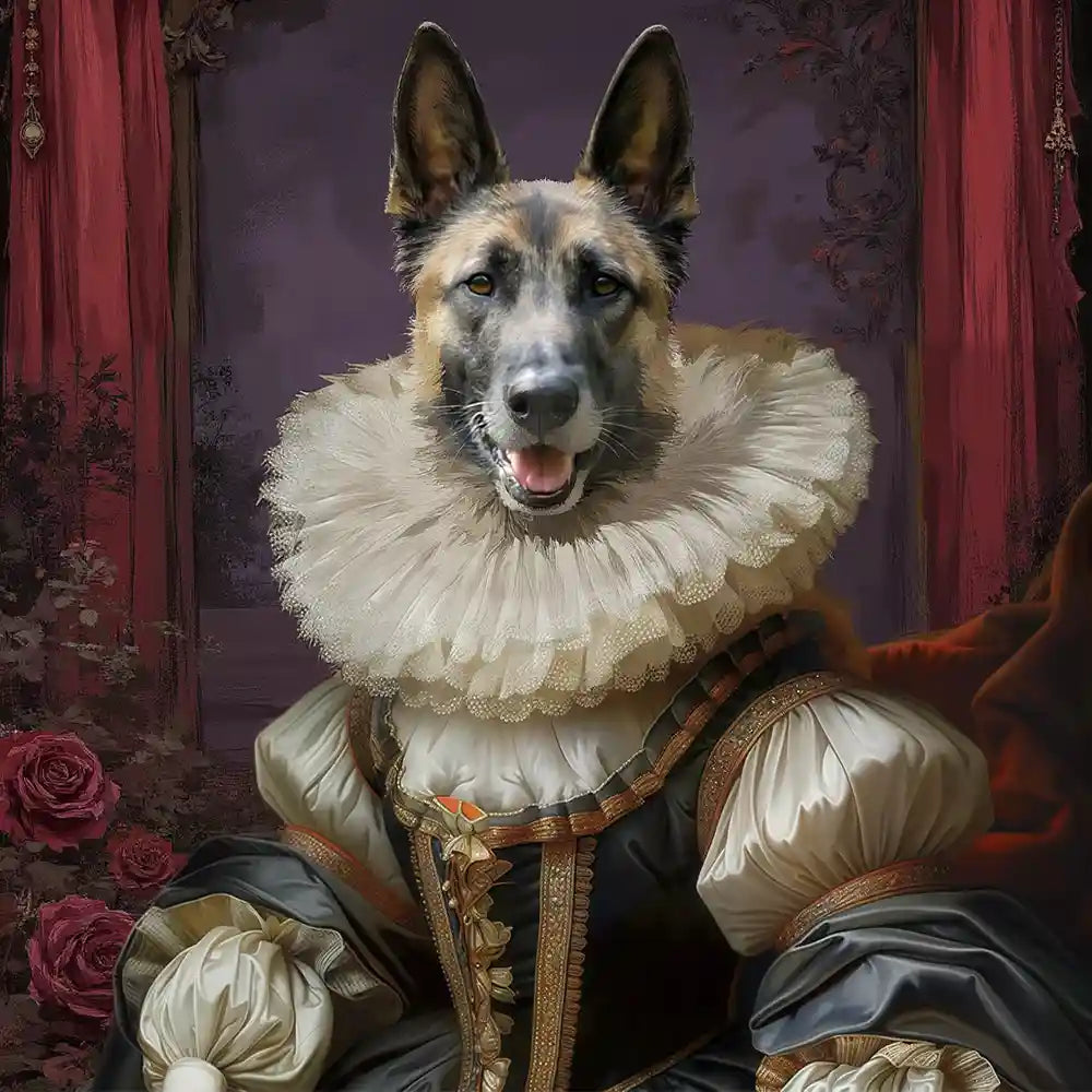 Custom German Shepherd Renaissance dog portrait, regal pet art with elaborate ruff collar and historical costume.