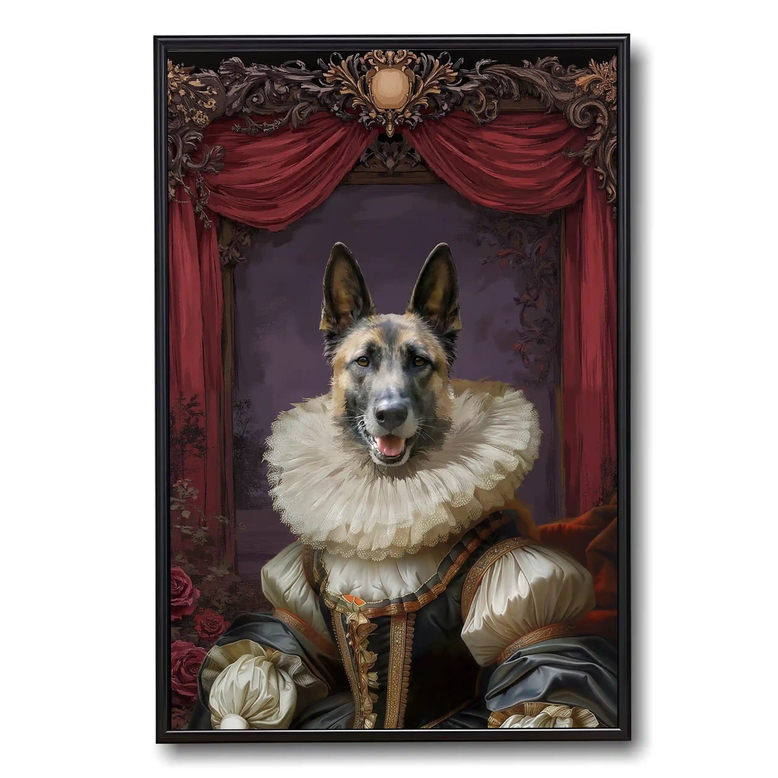 German Shepherd Royal Pet Portrait Painting in Renaissance style, featuring a dog wearing a ruff collar and elaborate costume, presented in a black frame with ornate background.