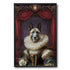 German Shepherd Royal Pet Portrait Painting in Renaissance style, featuring a dog wearing a ruff collar and elaborate costume, presented in a black frame with ornate background.