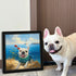 Custom French Bulldog pet portrait painting next to the real dog. Personalized dog wall art gift idea.