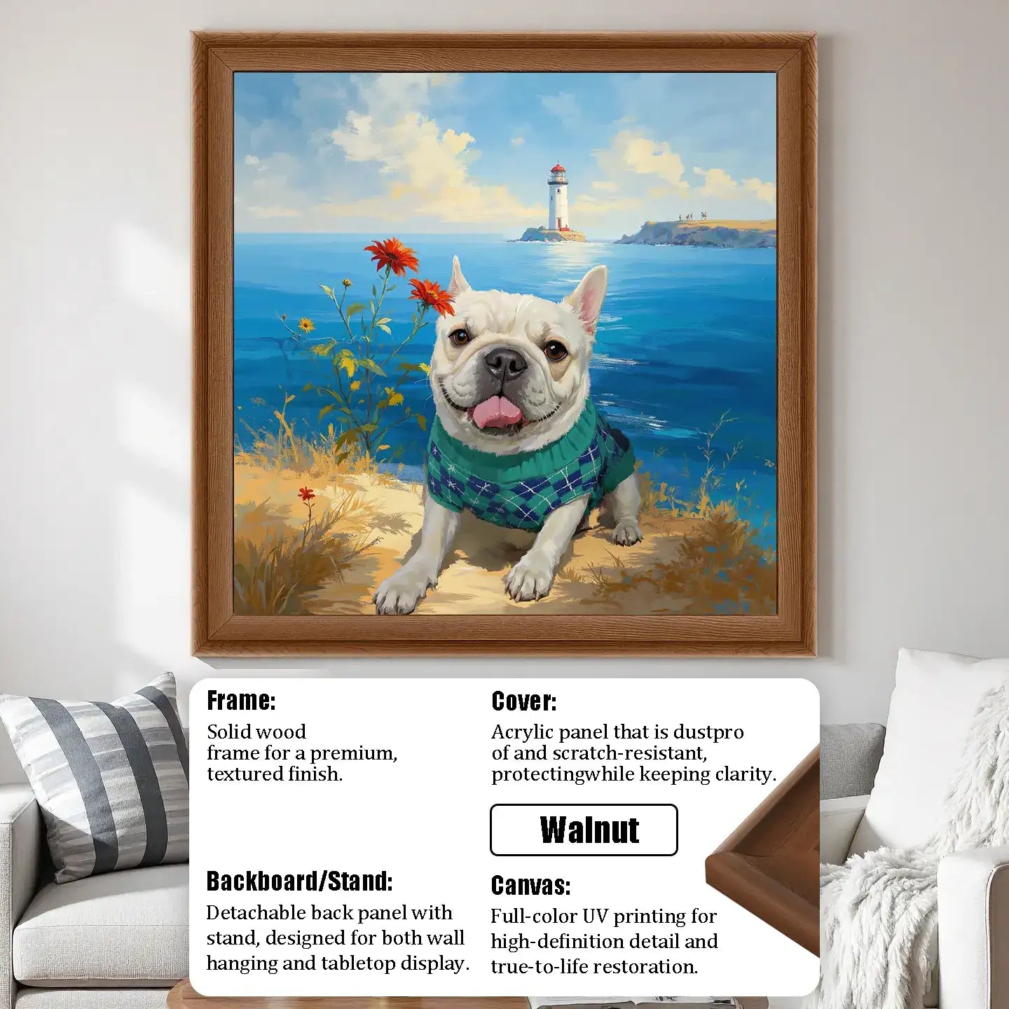 Personalized French Bulldog custom pet portrait painting. Dog wall art gift featuring ocean & lighthouse.