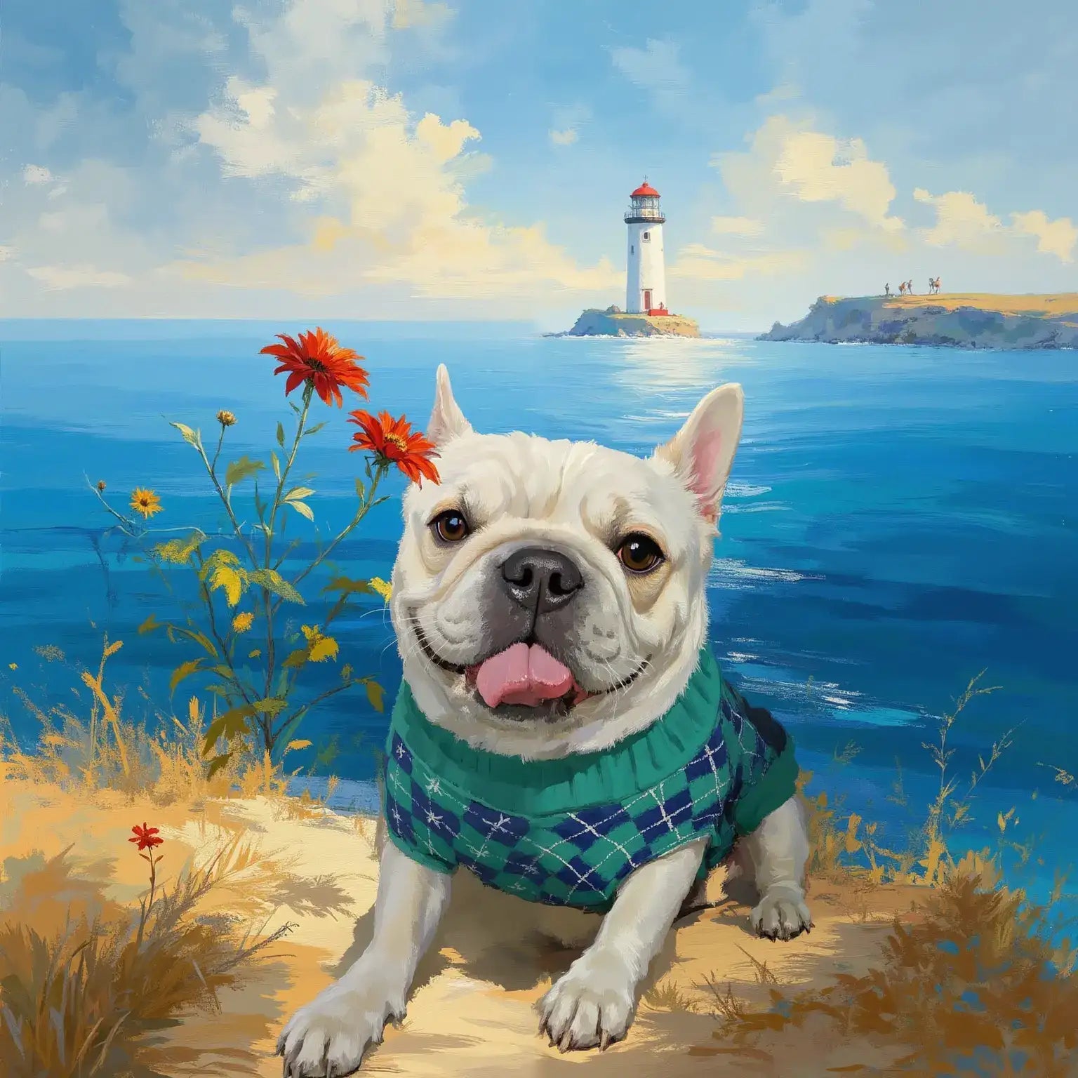 Custom pet portrait of French Bulldog, personalized dog painting, coastal lighthouse pet wall art gift.