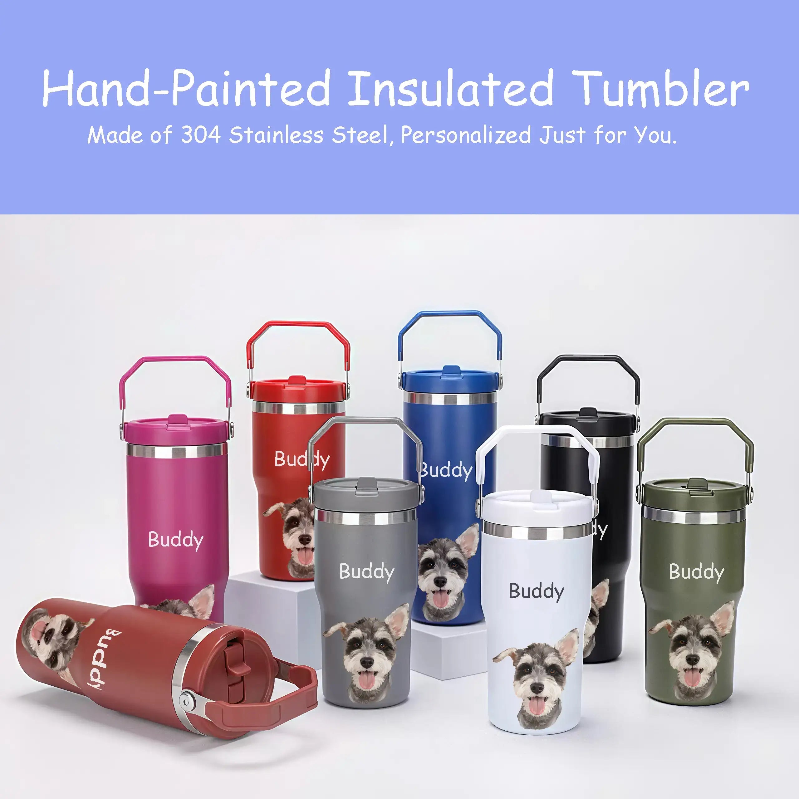 Hand-painted insulated dog portrait tumblers, personalized pet gifts. Custom dog paintings on stainless steel for pet lovers.