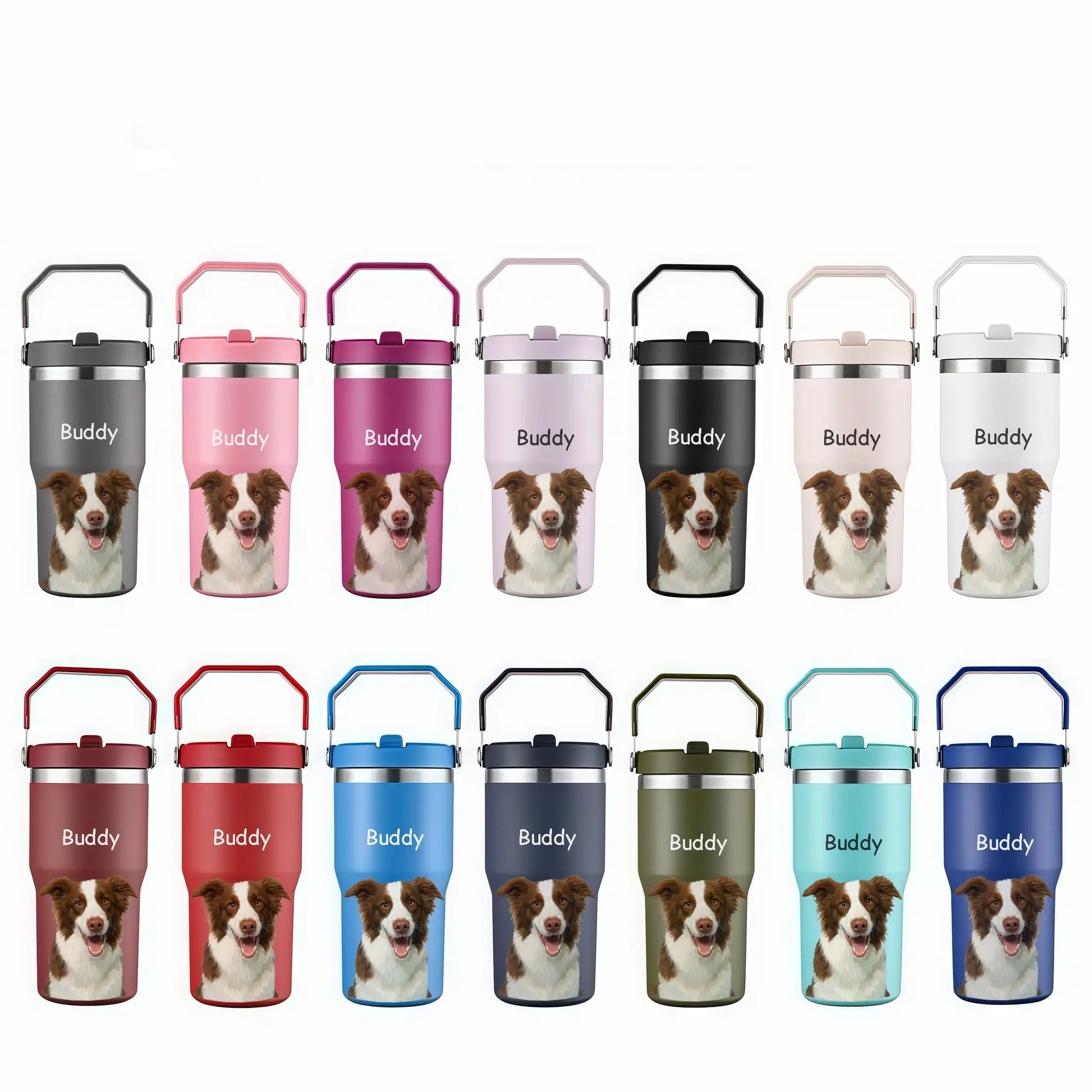 Personalized pet portrait travel mugs featuring a Border Collie. Custom dog tumblers in multiple colors, great pet gift.