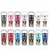 Personalized pet portrait travel mugs featuring a Border Collie. Custom dog tumblers in multiple colors, great pet gift.