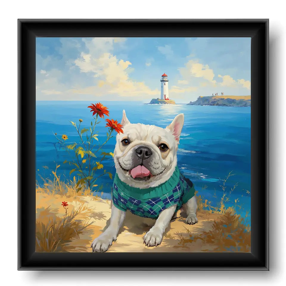 Custom French Bulldog pet portrait painting, personalized dog wall art gift, ocean lighthouse background.