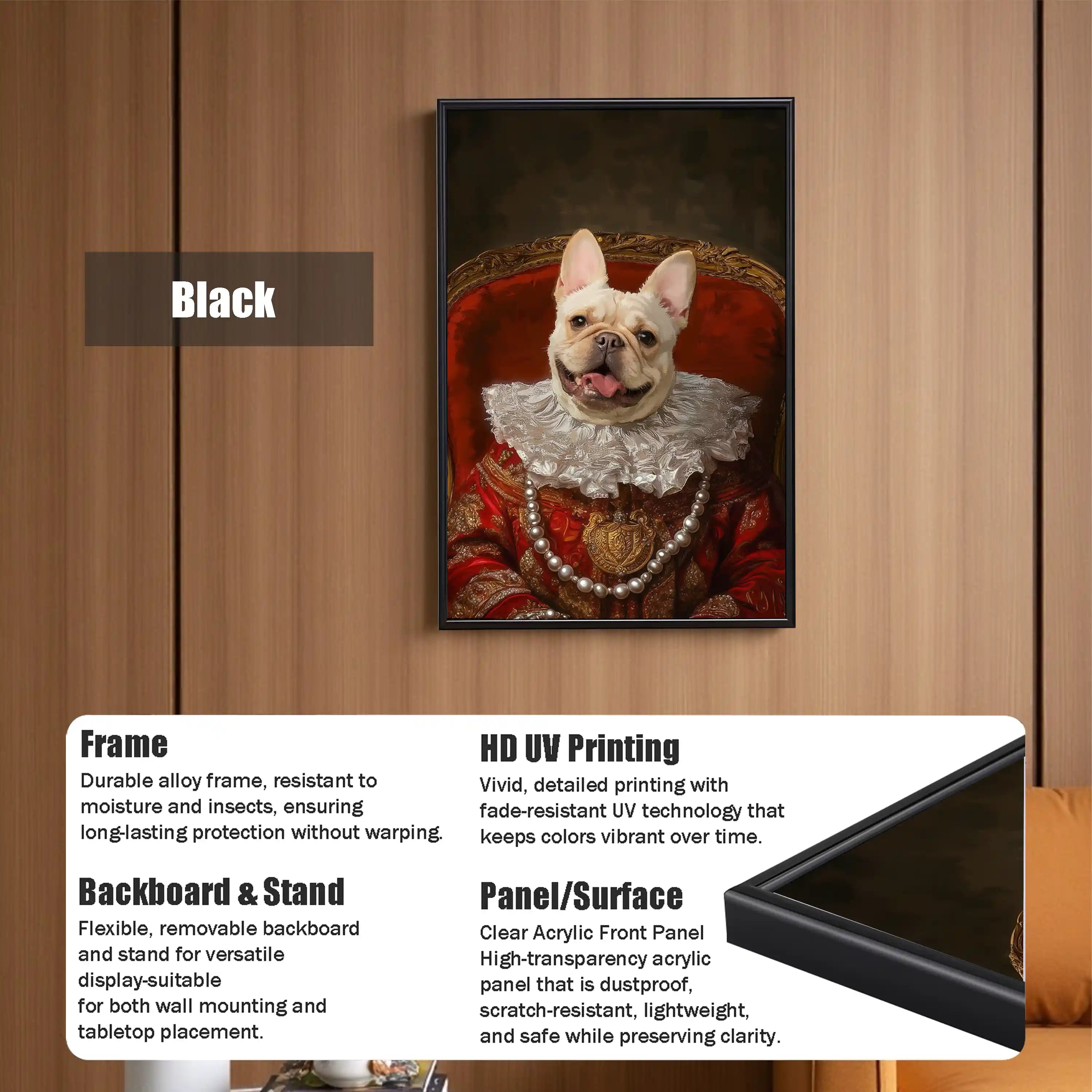 Black framed custom French Bulldog royal pet portrait depicting a queen dog in a renaissance painting with red and gold attire.