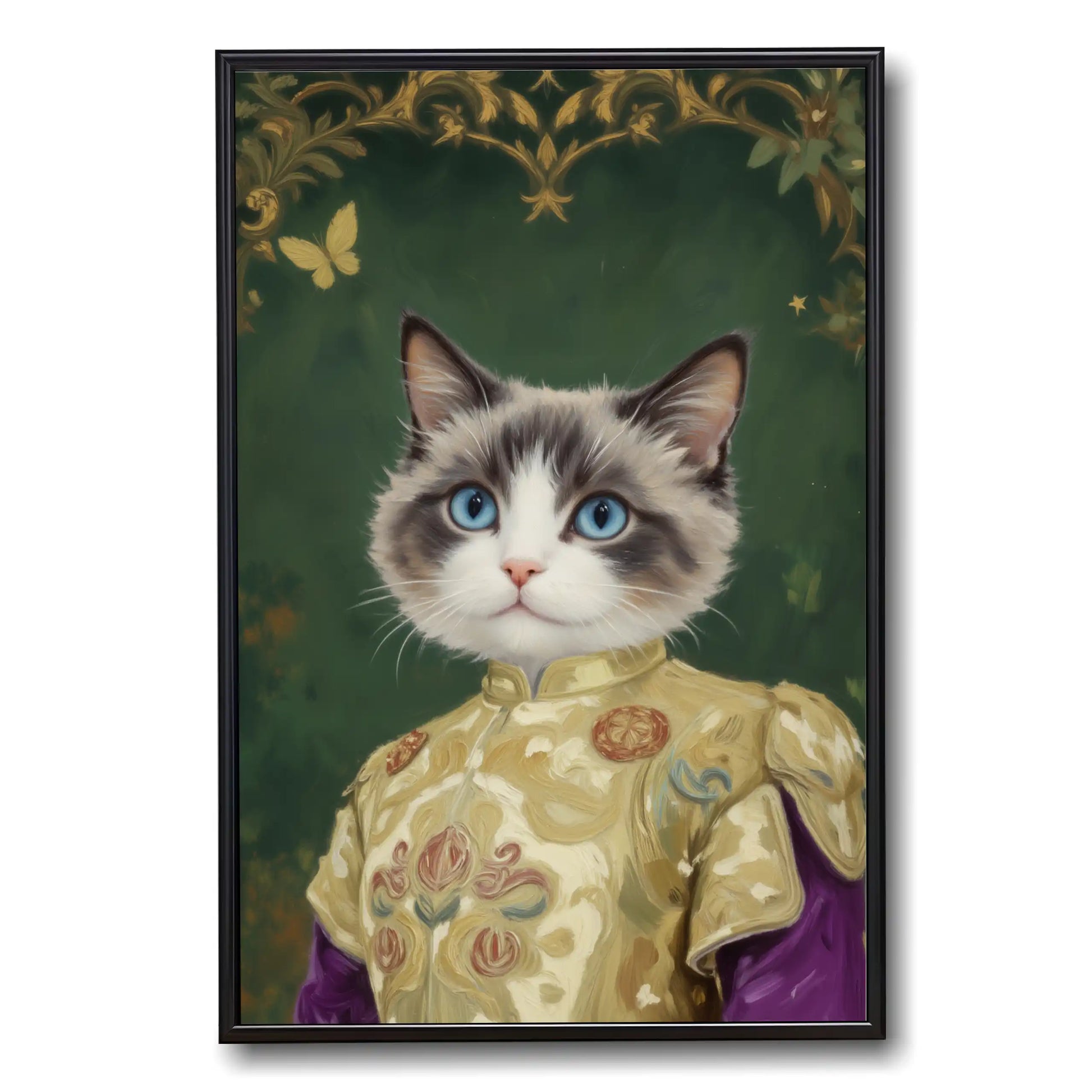 Regal Ragdoll cat portrait with striking blue eyes, dressed in an ornate gold royal outfit, against a dark green renaissance background with gold accents.