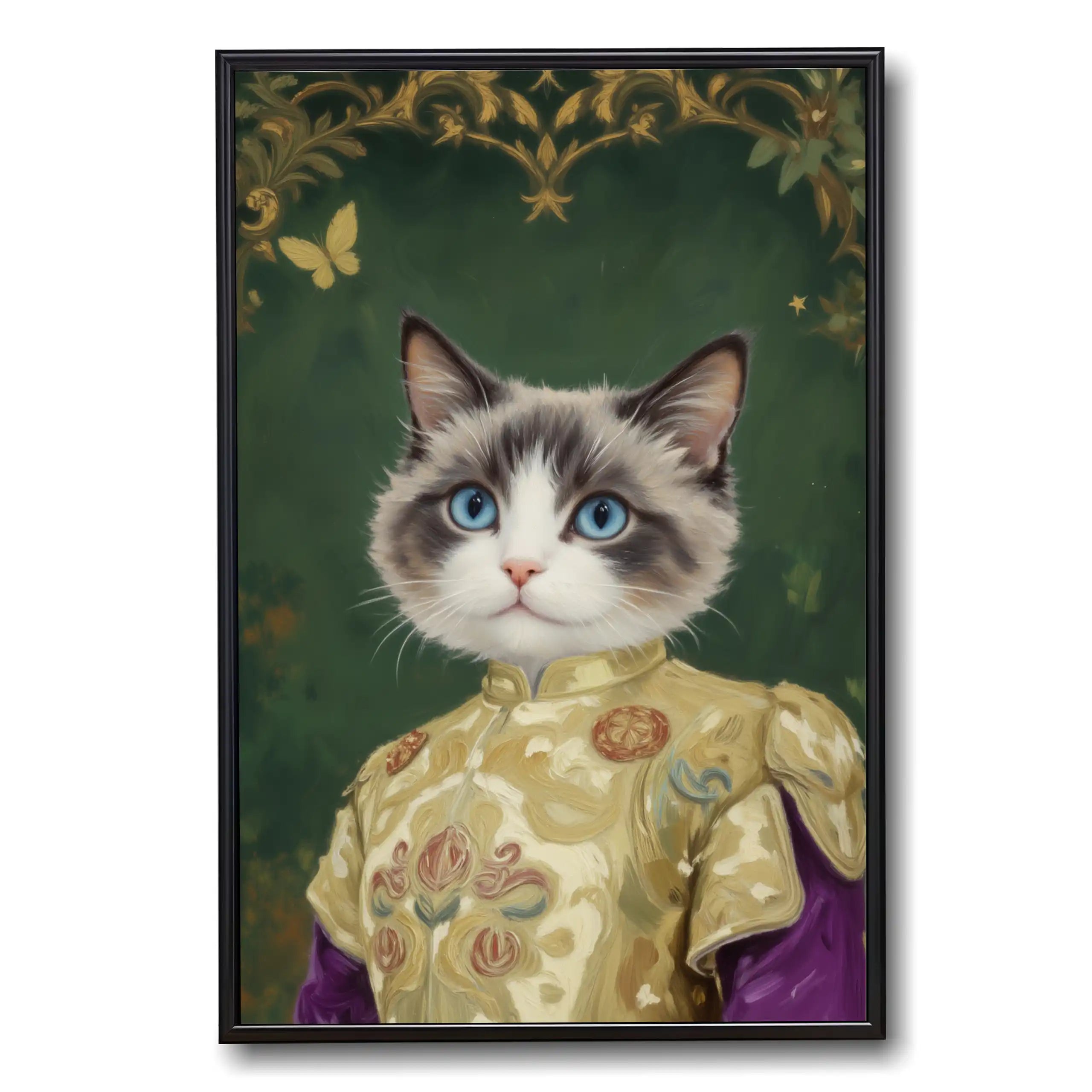 Regal Ragdoll cat portrait with striking blue eyes, dressed in an ornate gold royal outfit, against a dark green renaissance background with gold accents.
