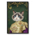 Regal Ragdoll cat portrait with striking blue eyes, dressed in an ornate gold royal outfit, against a dark green renaissance background with gold accents.