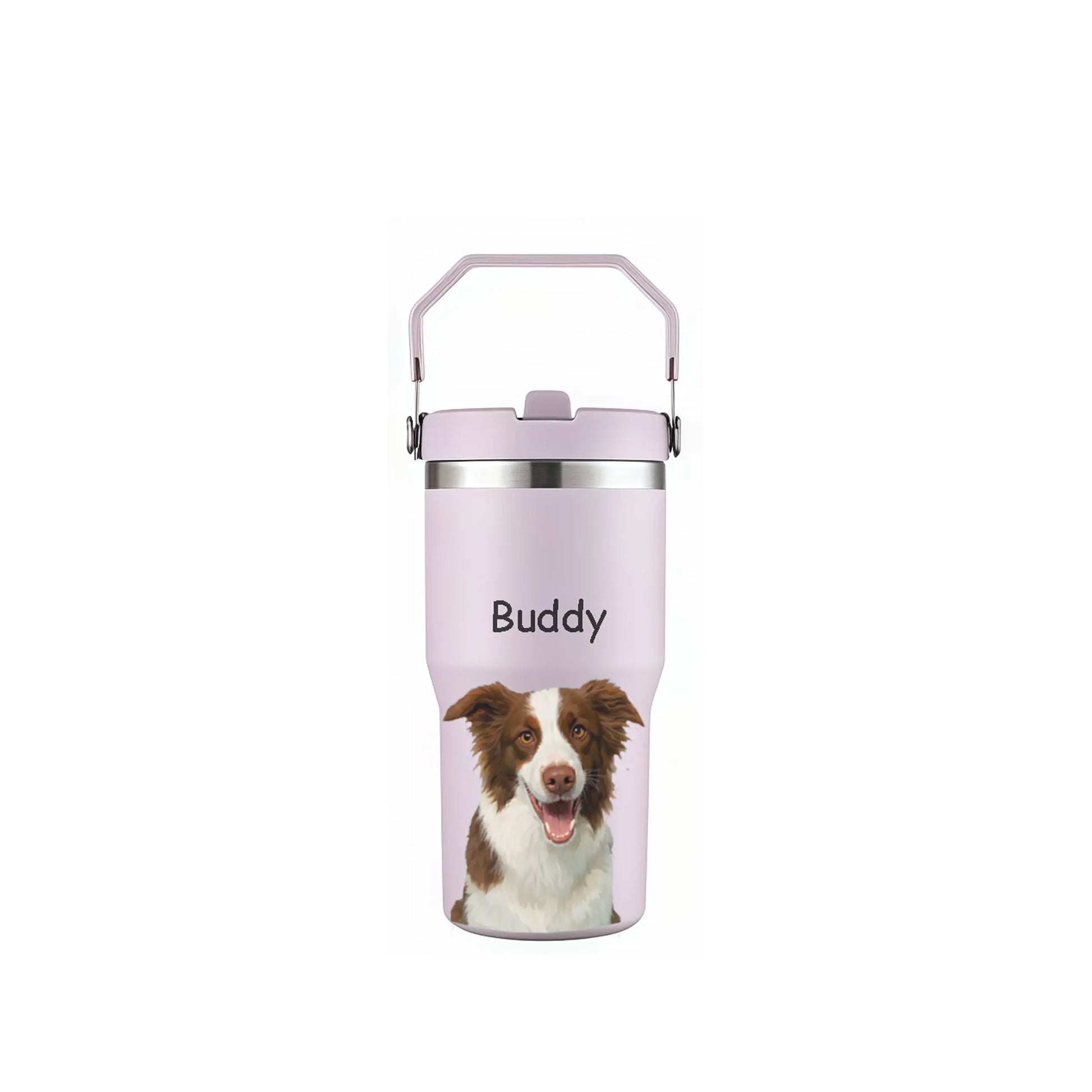 Personalized lilac pet portrait tumbler with a happy Border Collie. Custom dog art gift for pet parents.