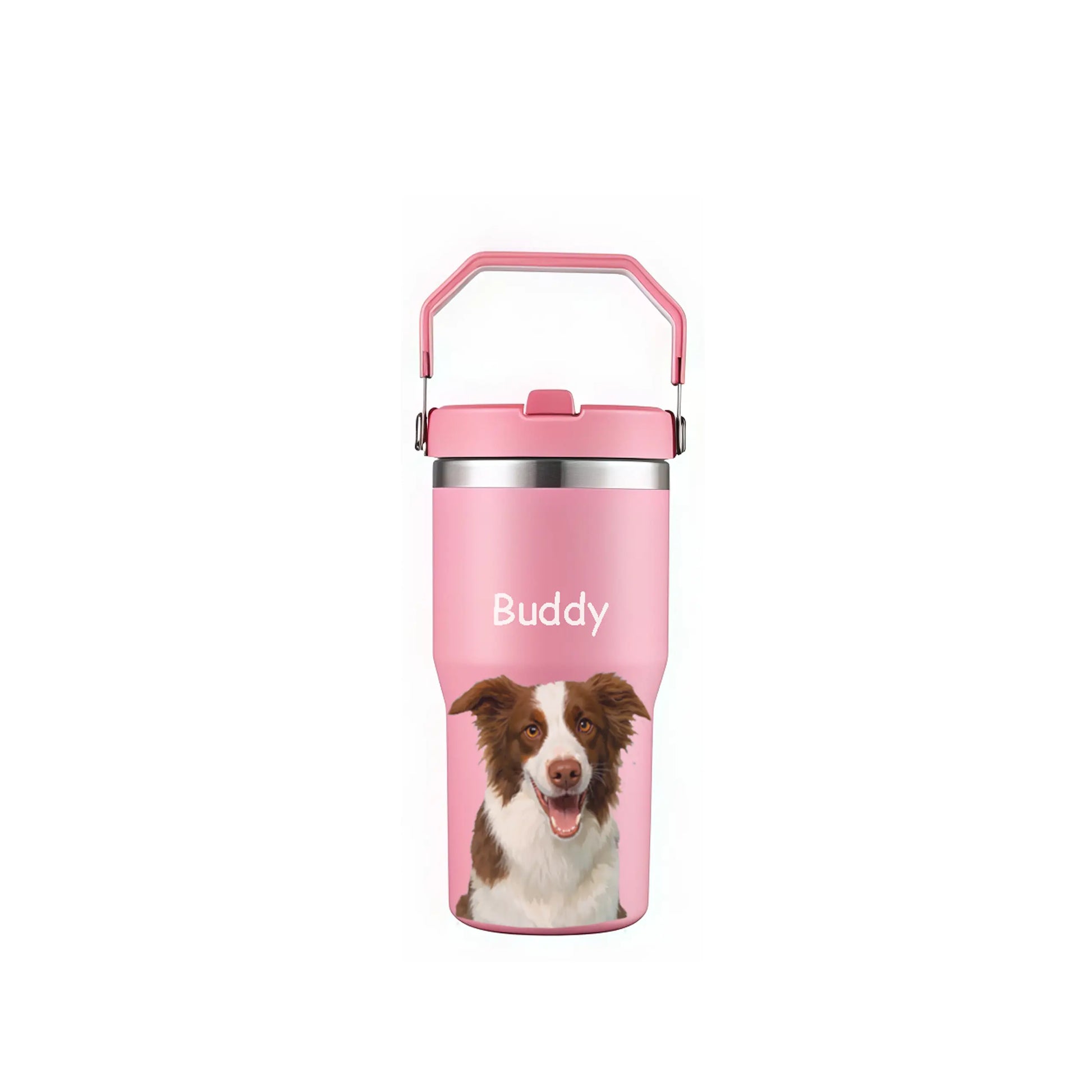 Personalized pink pet portrait tumbler with custom Border Collie painting, ideal dog wall art gift.