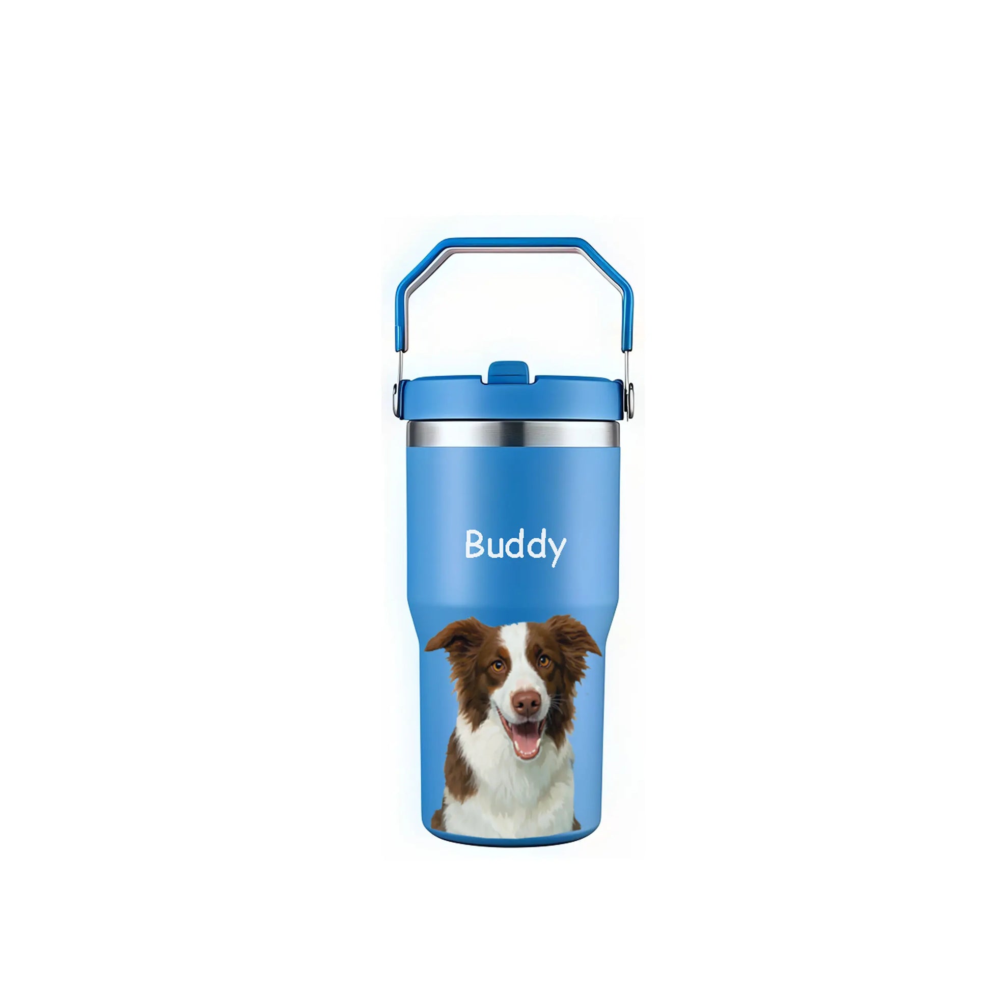 Personalized blue tumbler with custom dog portrait of Buddy, perfect pet wall art gift idea.