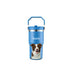 Personalized blue tumbler with custom dog portrait of Buddy, perfect pet wall art gift idea.