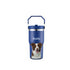 Blue custom dog portrait tumbler with personalized painting of Buddy, a unique pet wall art gift.