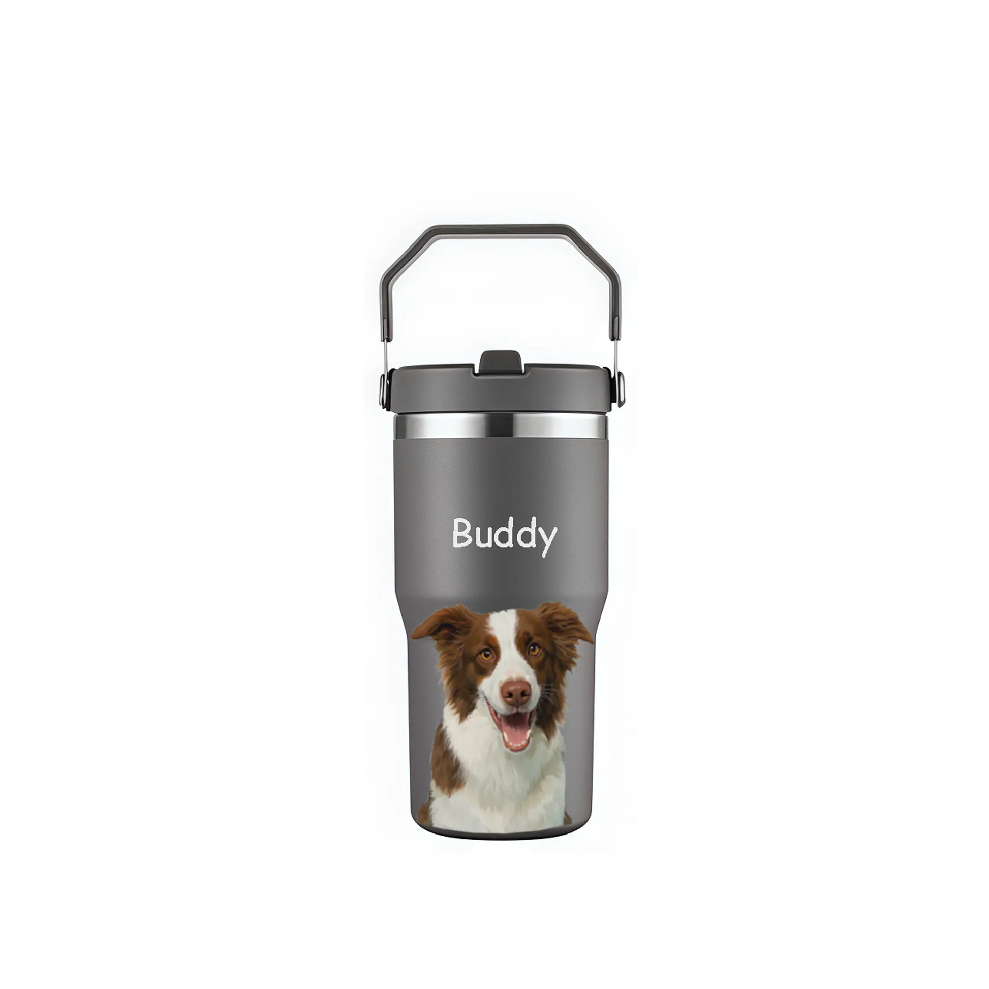 Personalized pet portrait tumbler with custom dog painting of "Buddy", unique pet wall art gift.