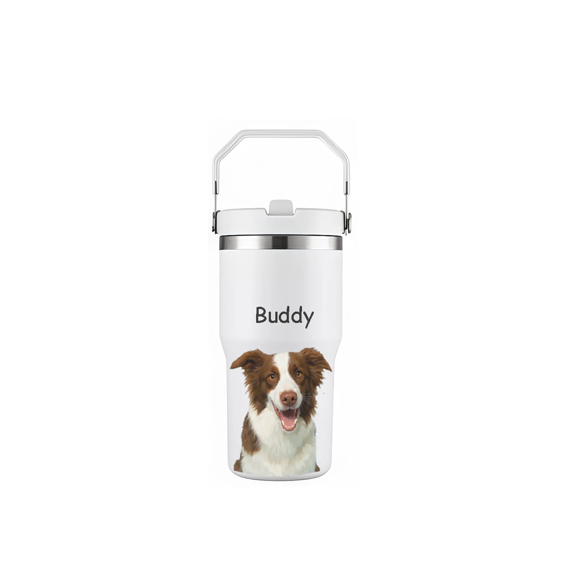 Custom pet portrait tumbler with "Buddy" the Border Collie. Personalized dog painting, unique pet wall art gift.